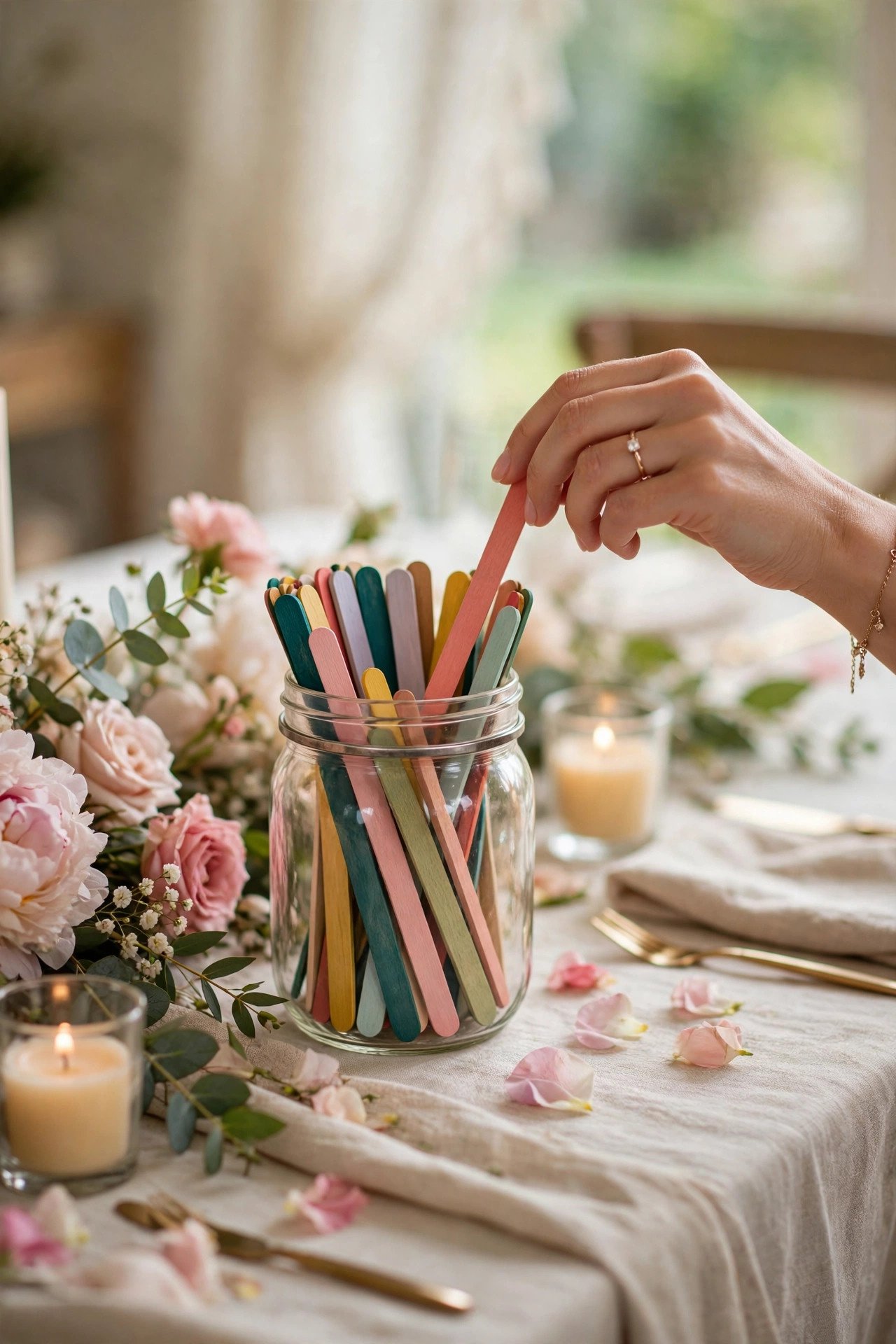 Date night idea jar with colorful sticks at a bridal shower