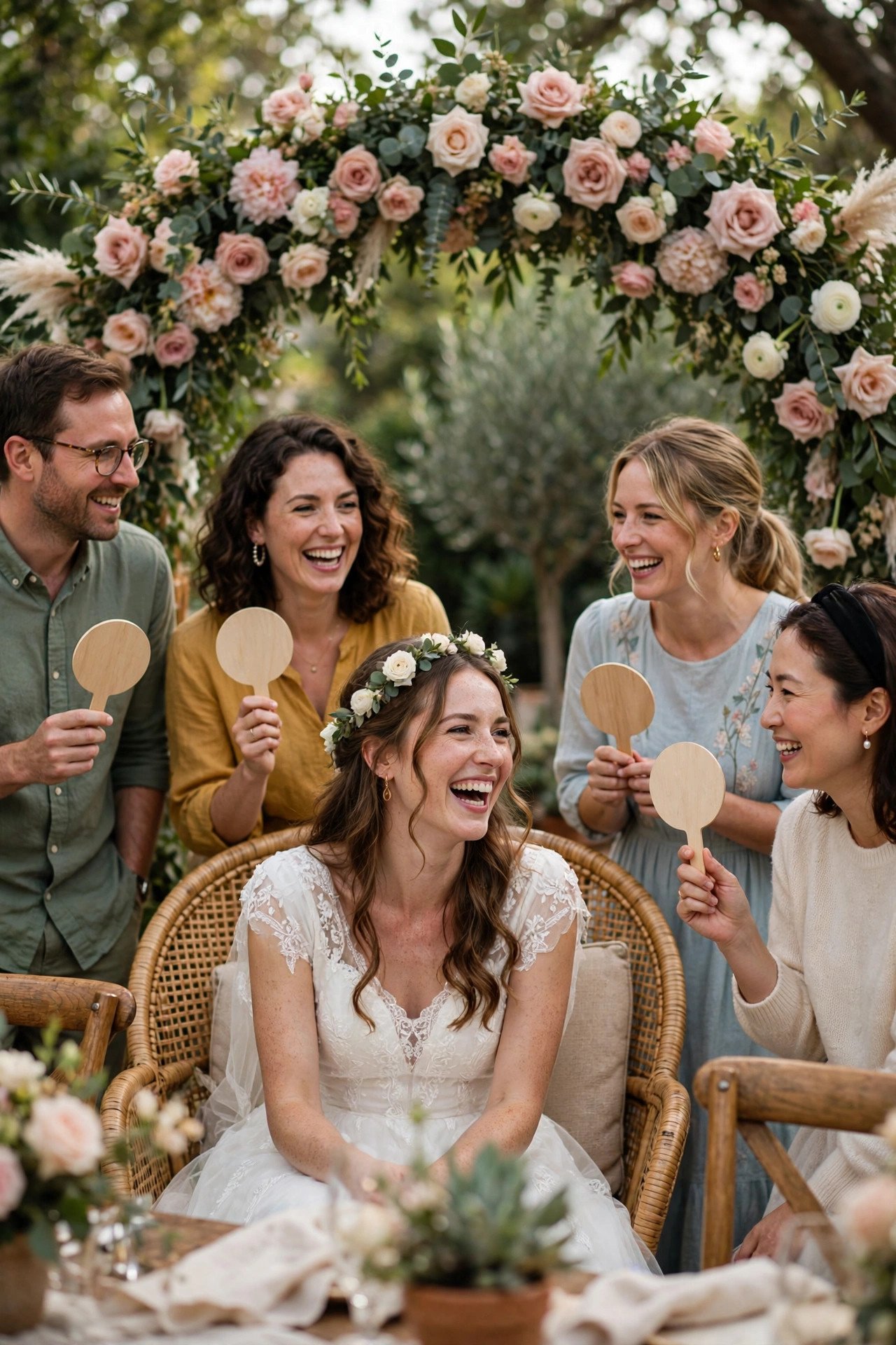 Quiz show style bridal shower game with contestants and a host