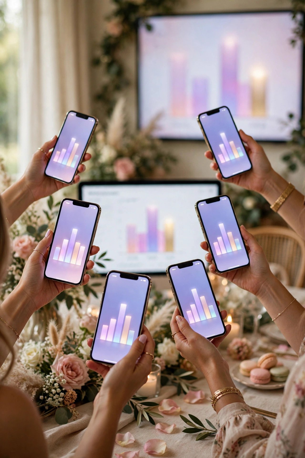 Bridal shower guests voting on their phones in a live poll trivia game