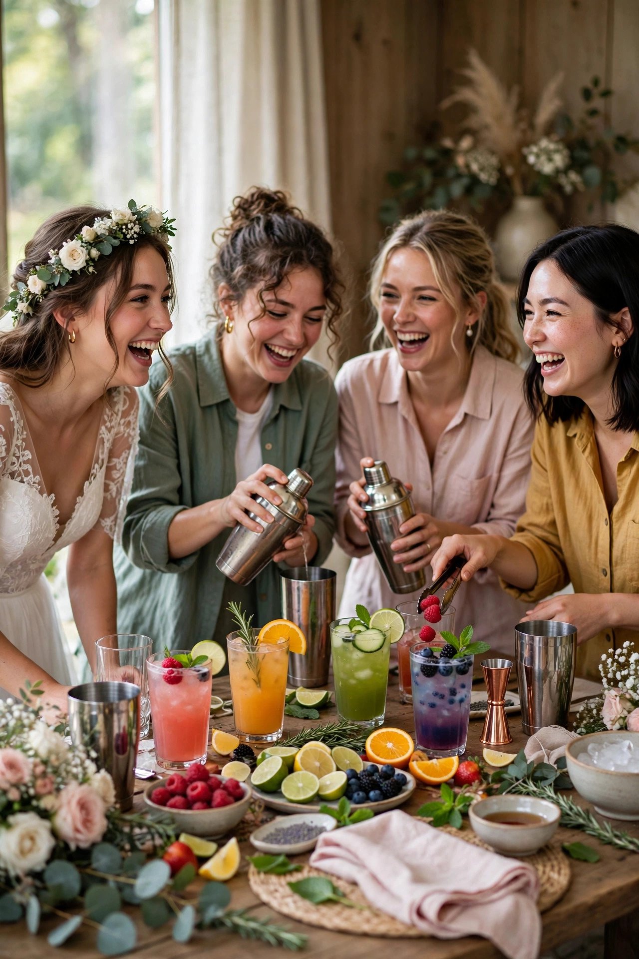 Non-alcoholic mocktail mixing contest at a bridal shower with colorful drinks