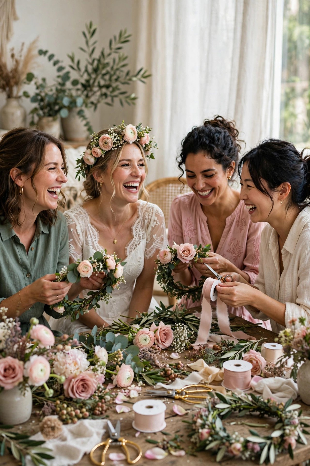 Bridal shower flower crown crafting station with guests making crowns