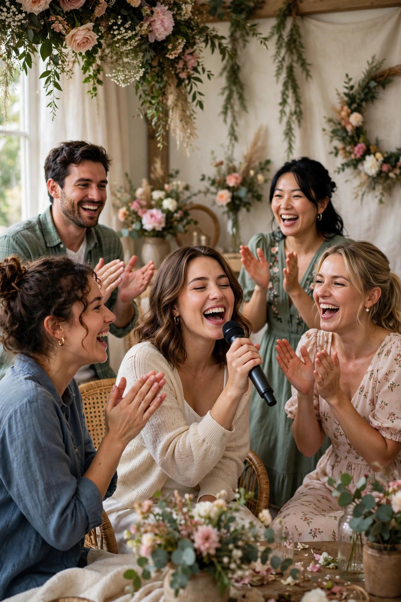 Karaoke battle showdown at a bridal shower party with cheering friends