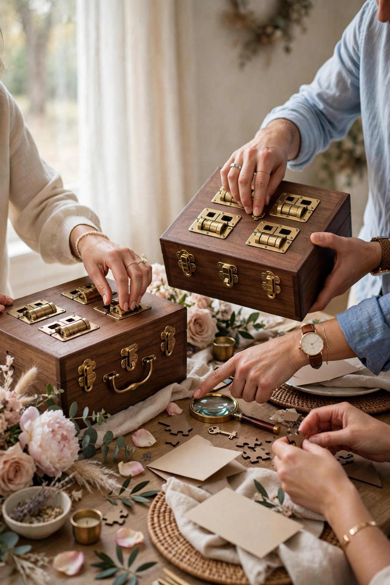 Bridal shower escape room puzzle box challenge with team working together