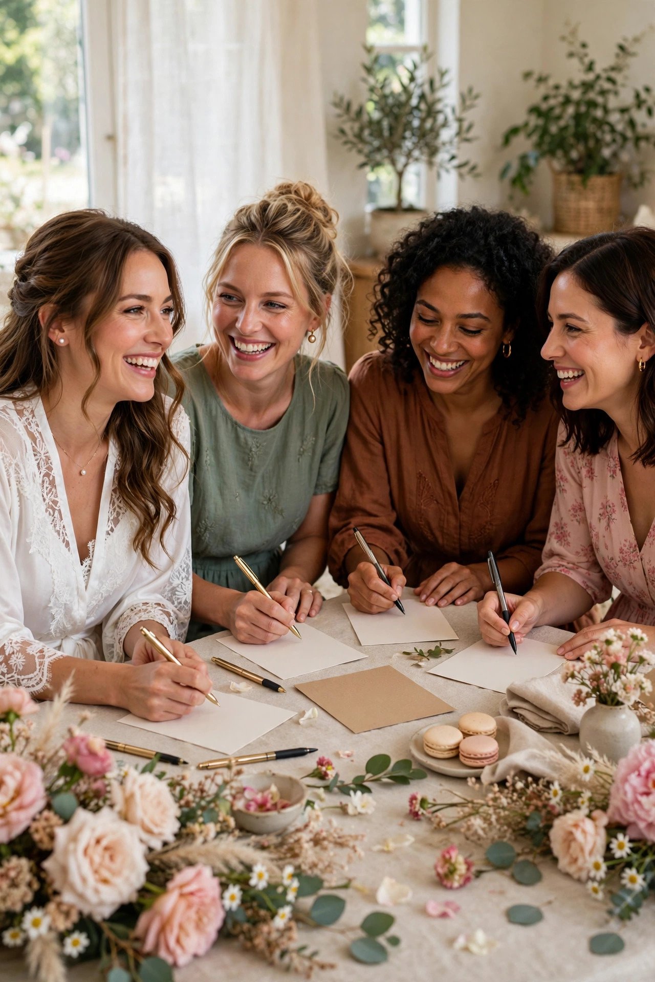 Guests writing kind roast and toast cards at a bridal shower