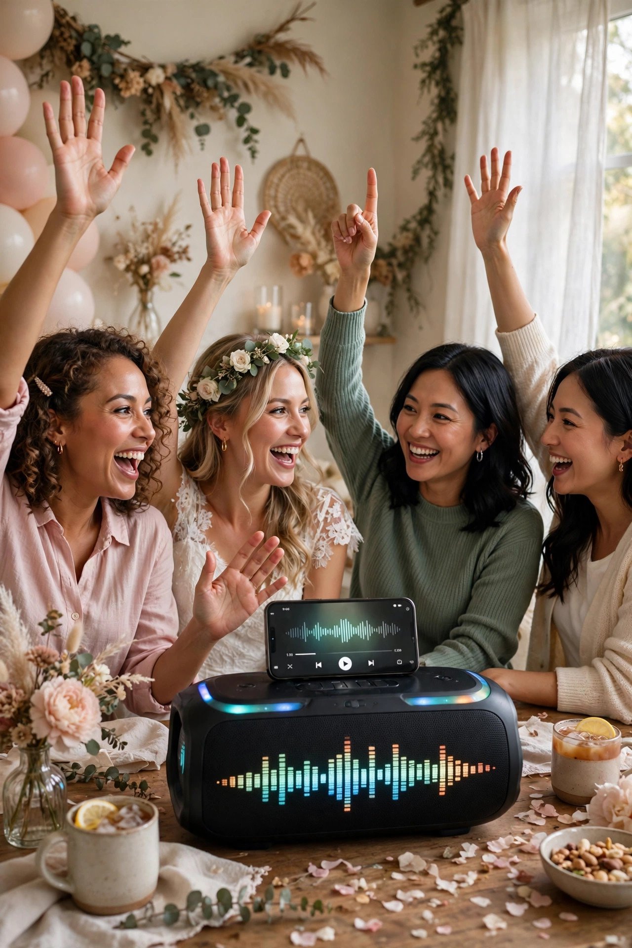 Music guessing game at a bridal shower with friends listening intently