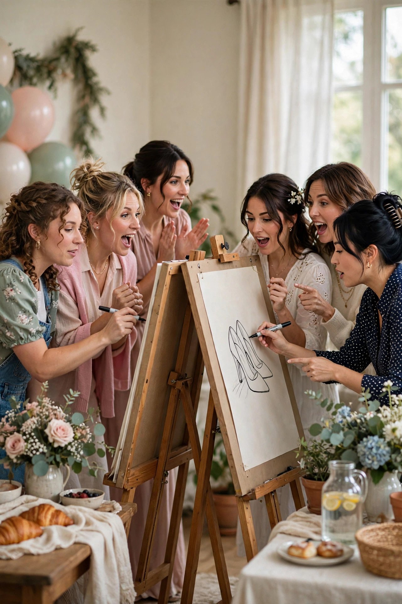 Team pictionary relay race with frantic drawing at a bridal shower