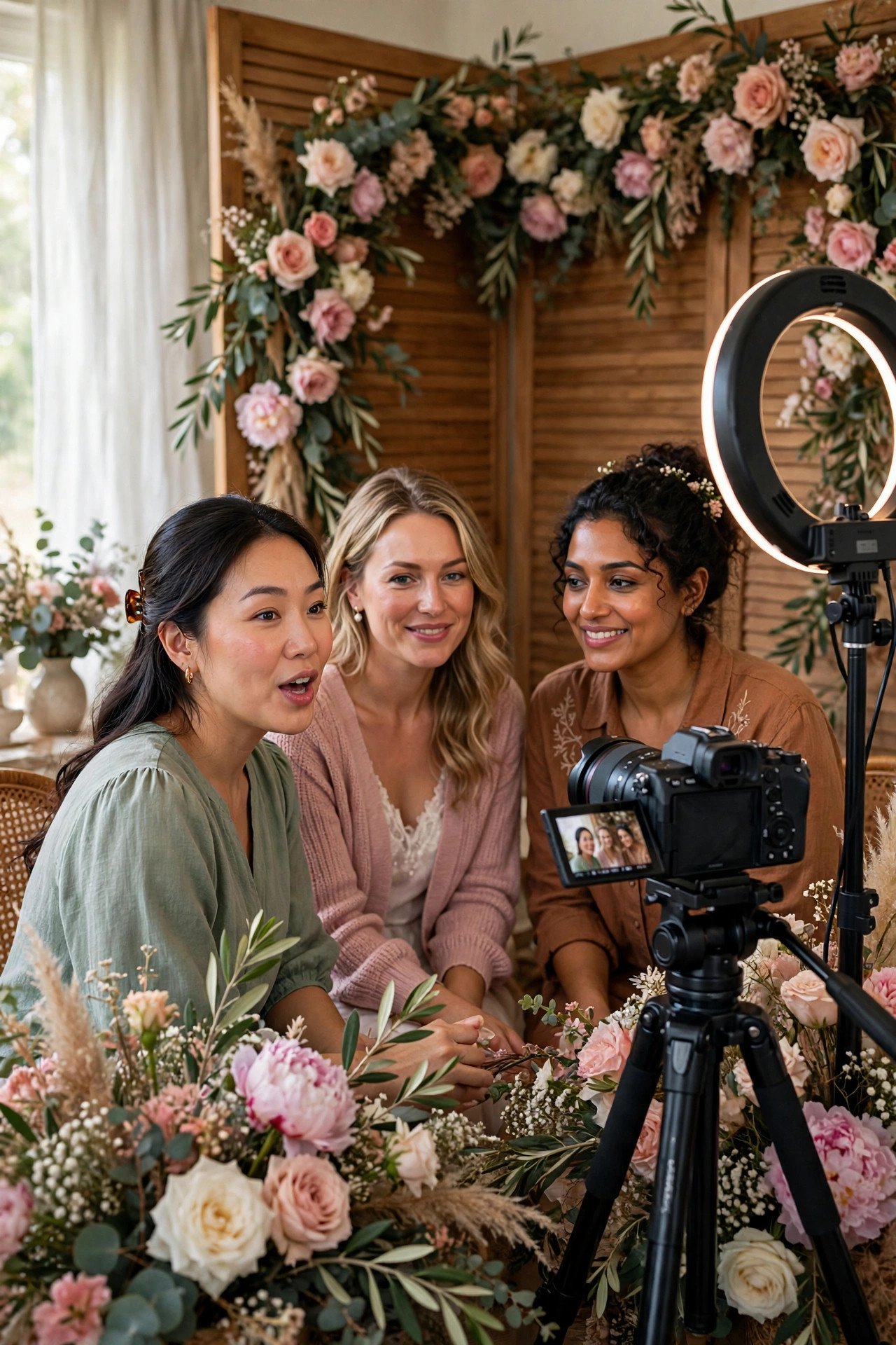 Video message recording booth at a bridal shower with fun backdrop