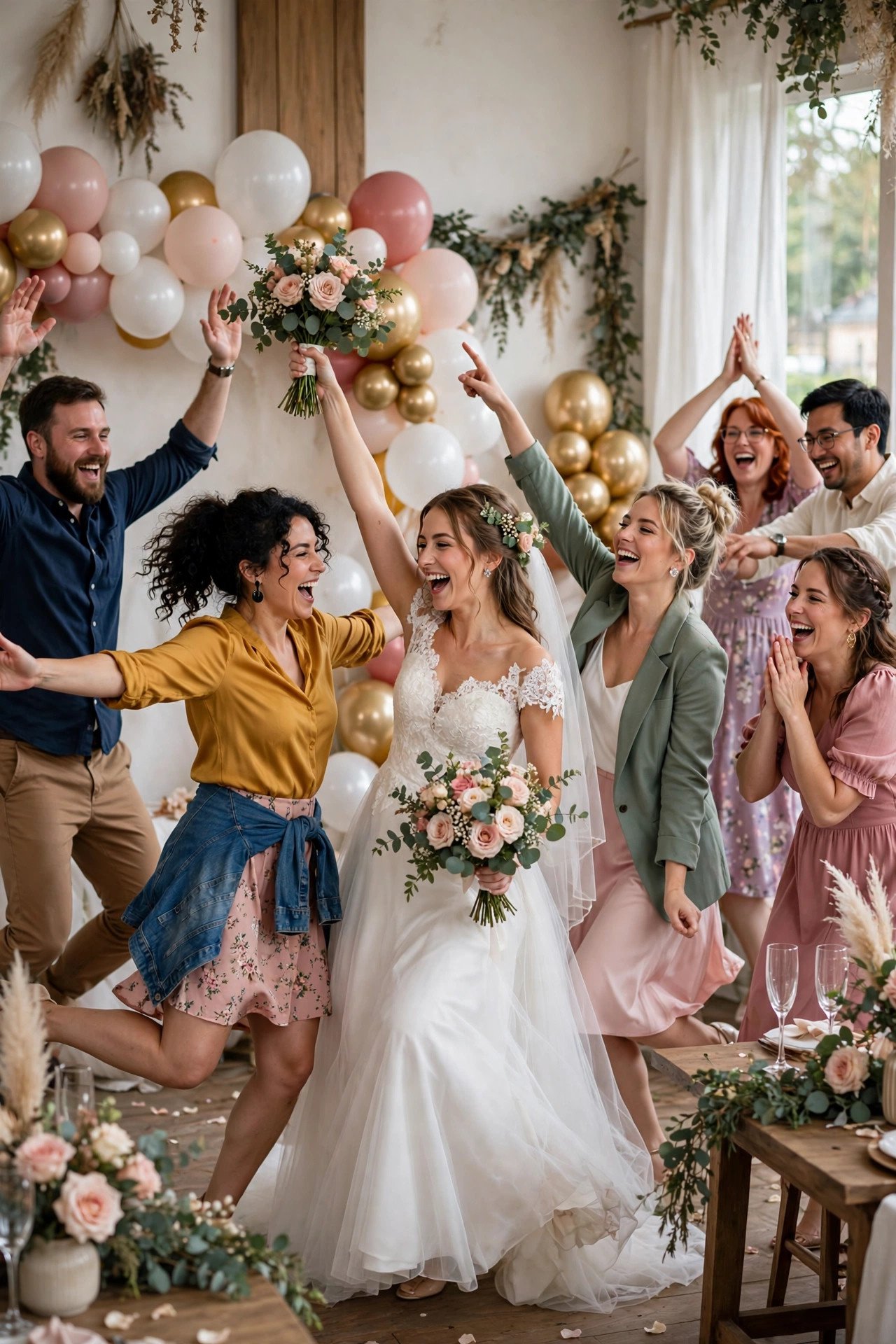 Dance freeze tournament competition at a bridal shower with cheering crowd