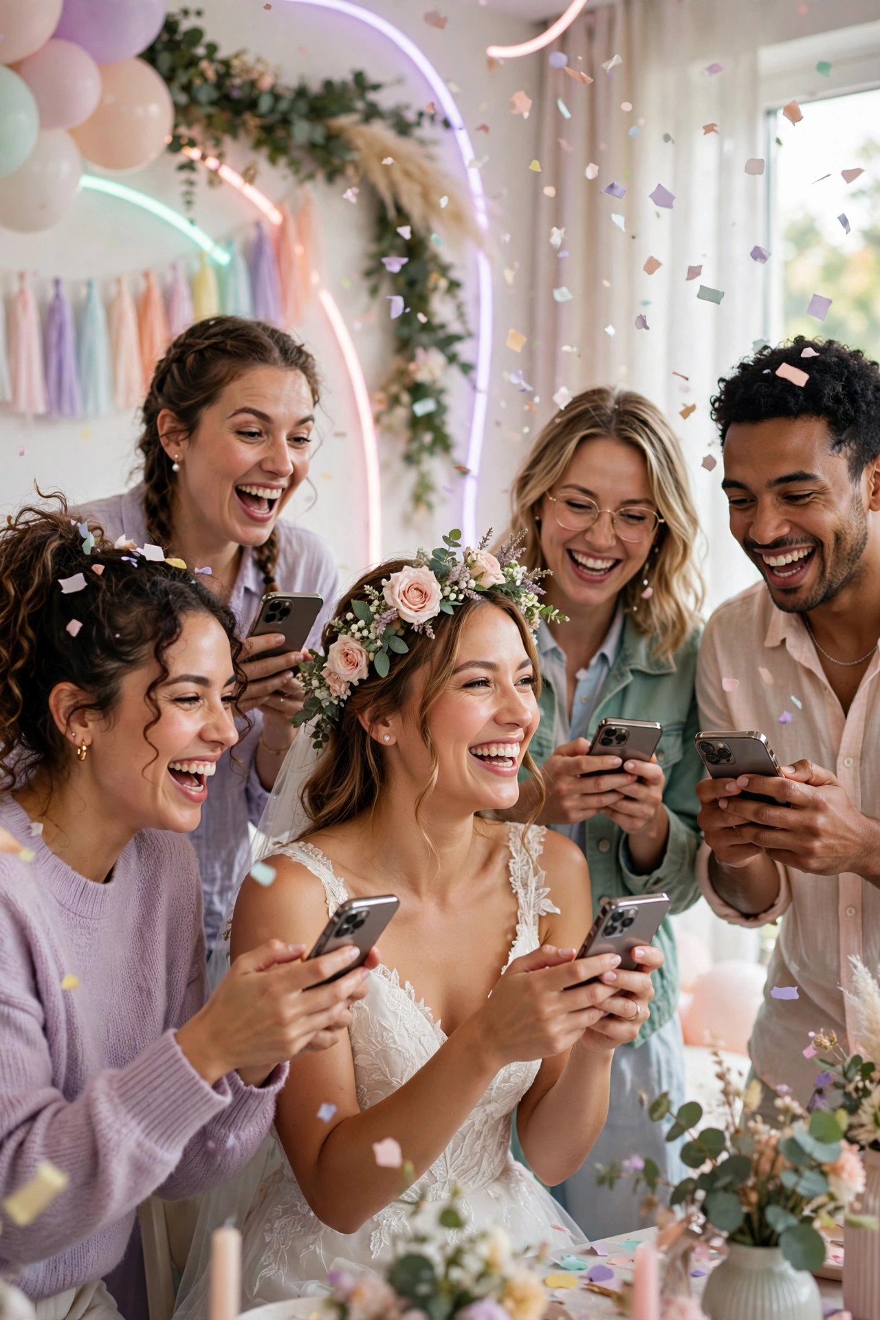 Modern bridal shower guests playing fun interactive party games with phones