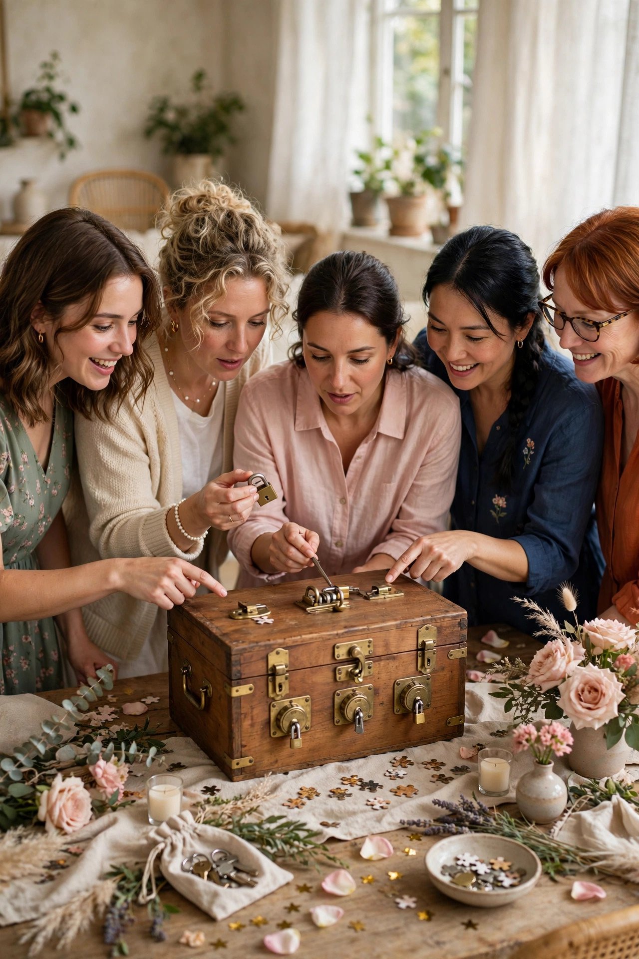 Locked bridal puzzle box challenge with team solving clues