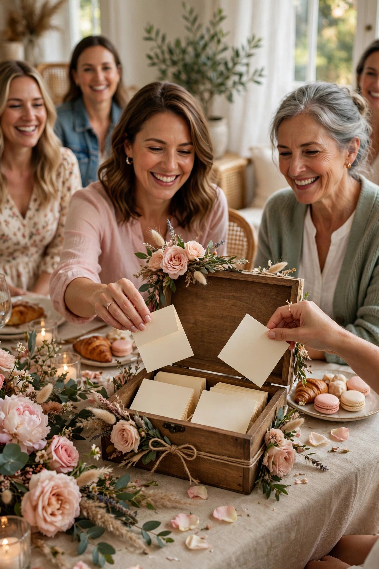 Love time capsule box with notes and mementos at a bridal shower