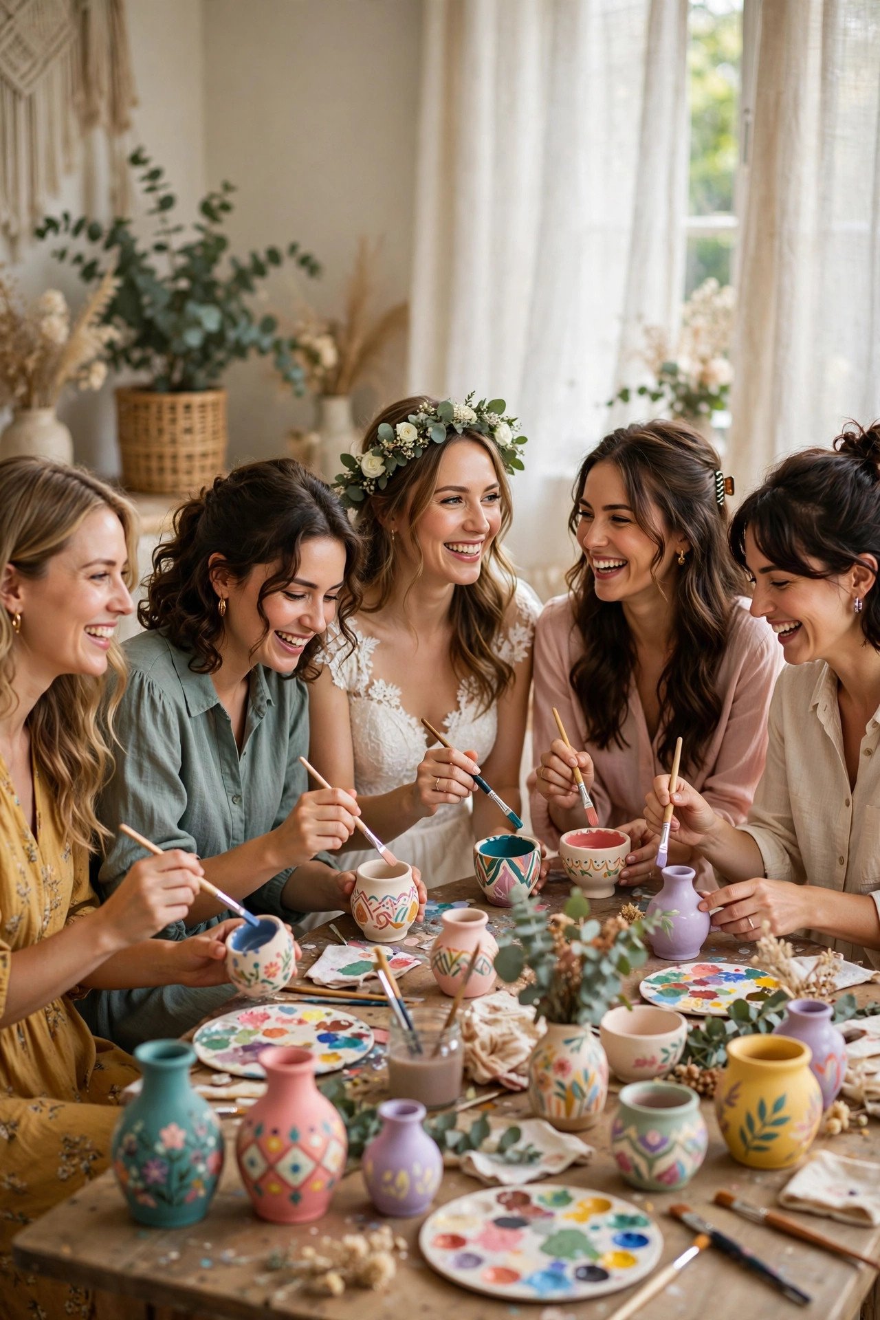 Bridal shower guests painting pottery pieces together