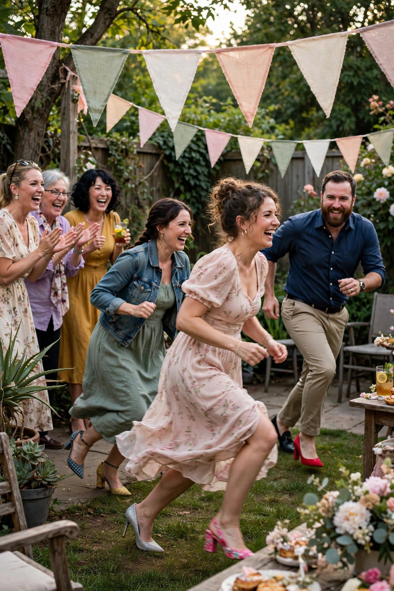 Hilarious relay race in mismatched shoes at a bridal shower