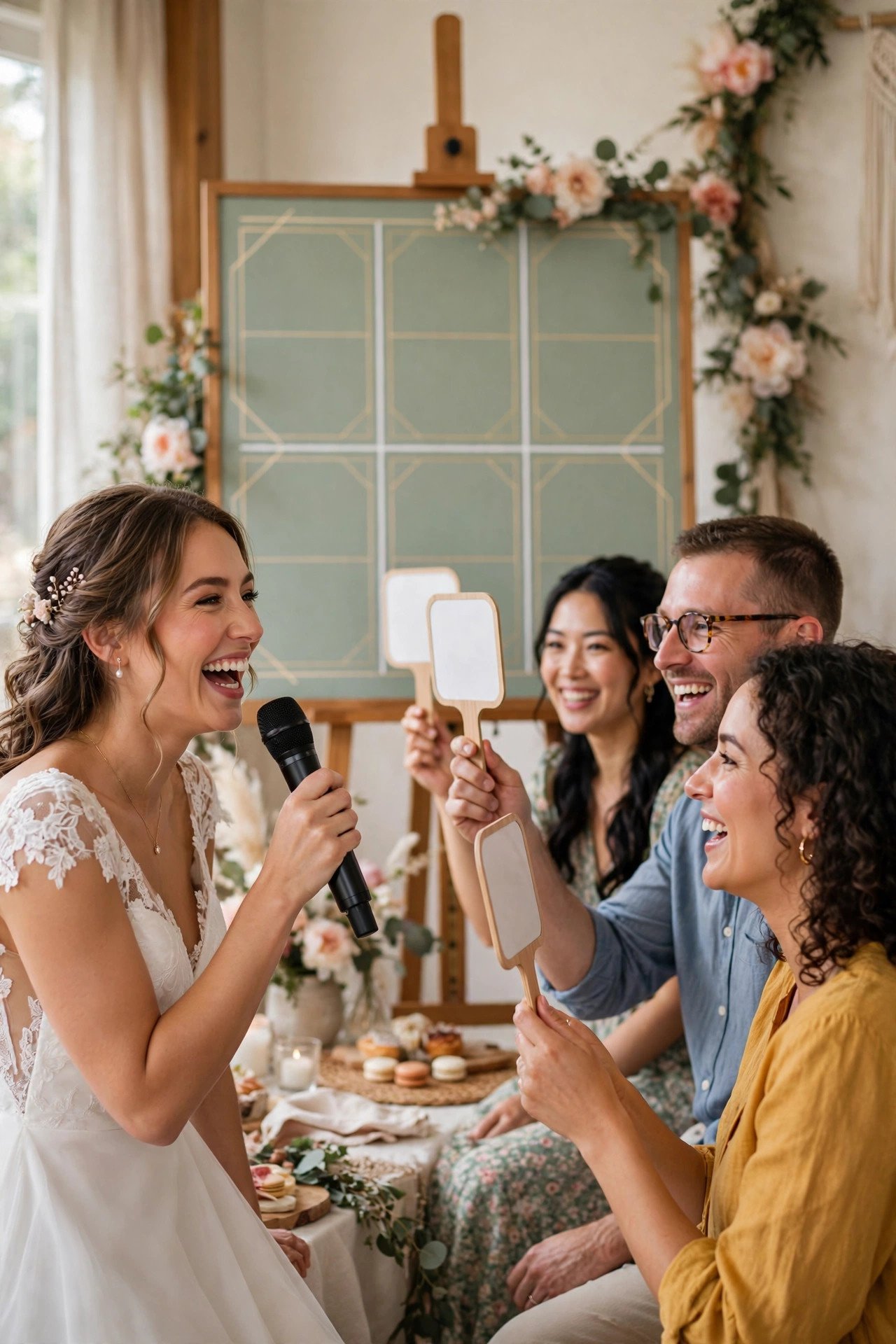 Live bridal jeopardy game show with contestants at a bridal shower