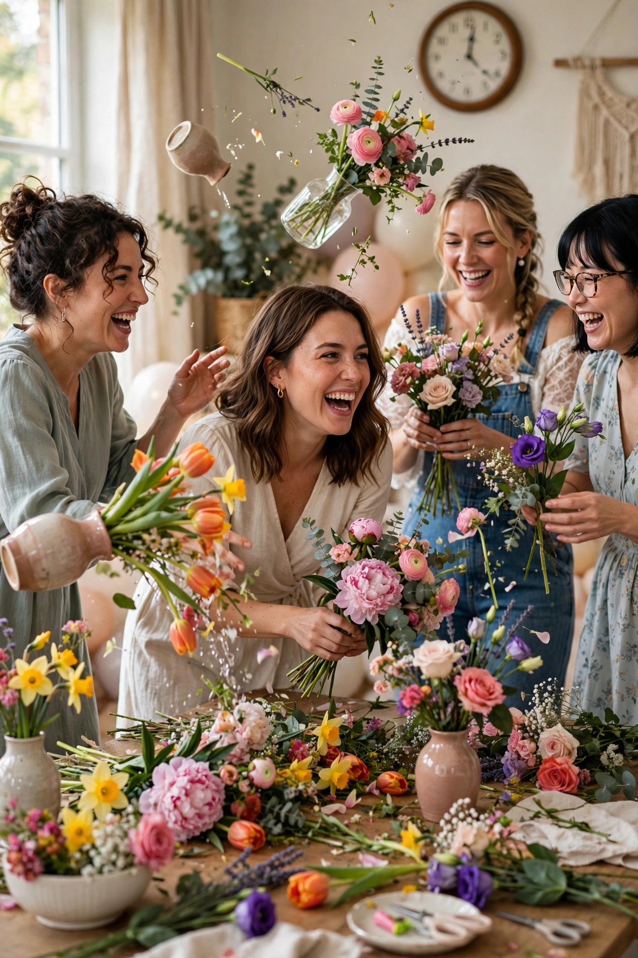 Timed bouquet arranging race at a bridal shower with teams