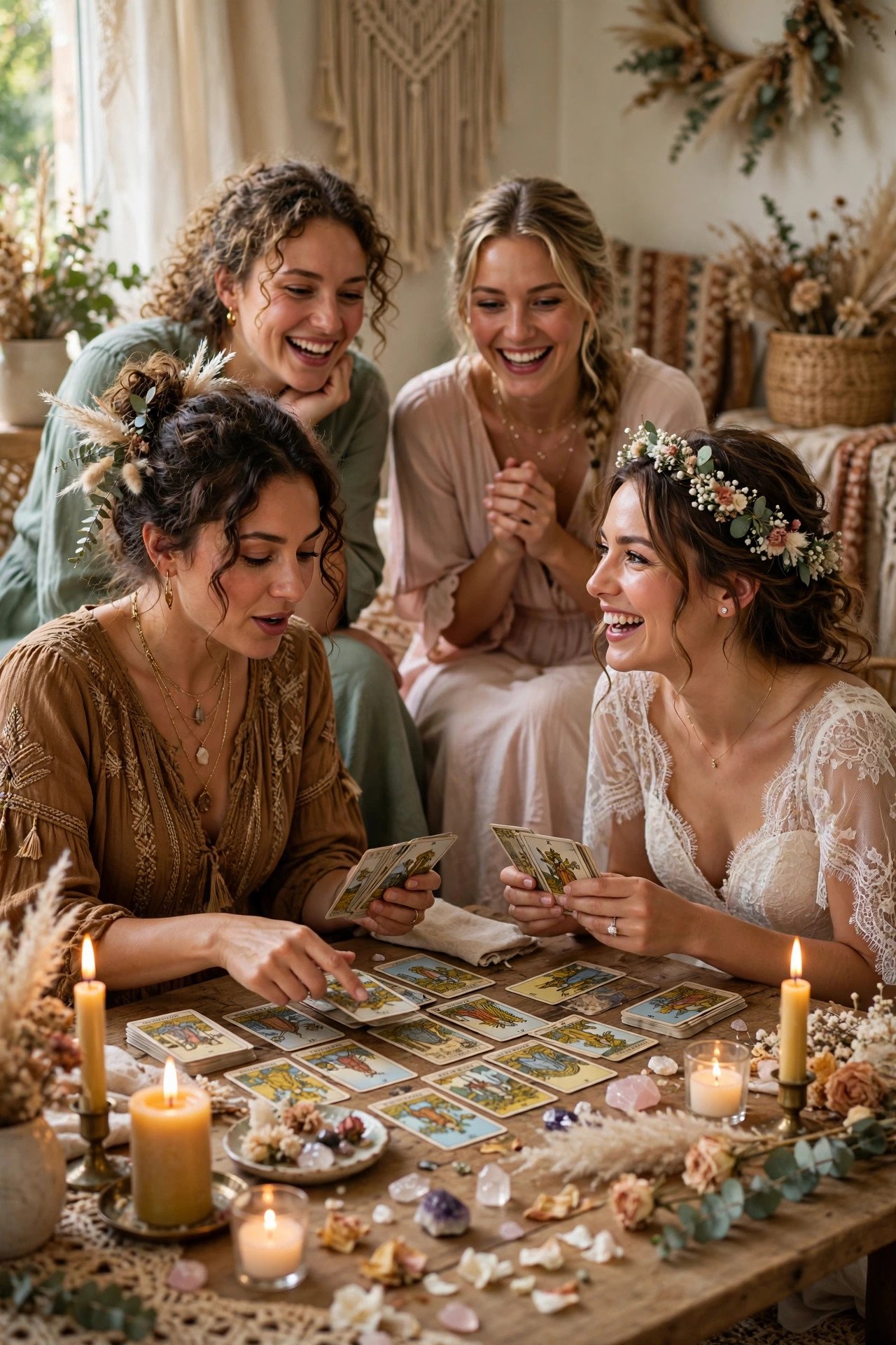 Playful tarot card reading corner at a bridal shower