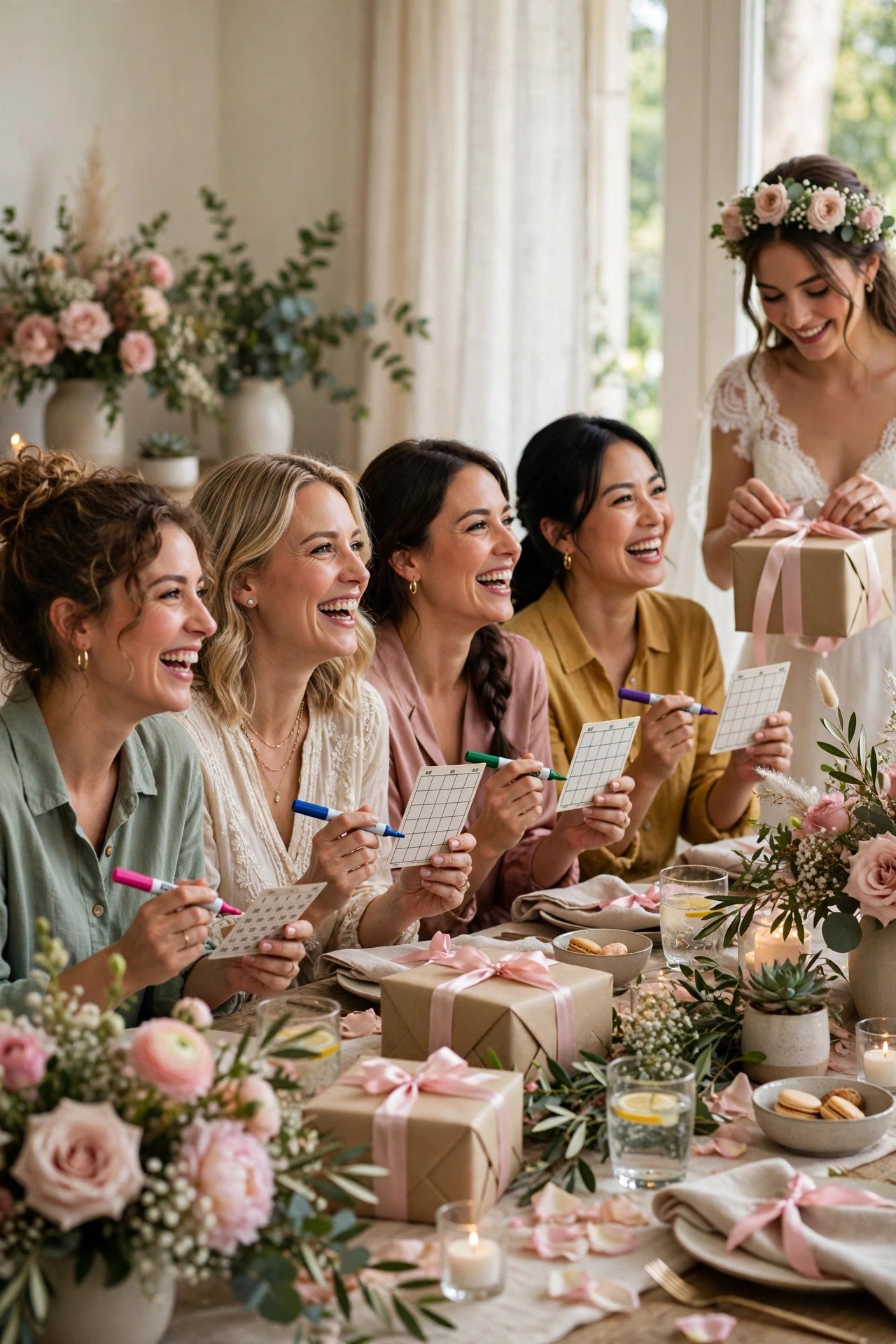 Guests playing bridal shower bingo cards while the bride opens gifts