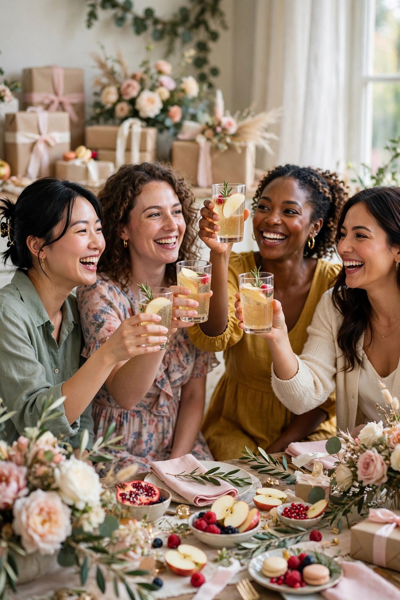 Guests sipping sparkling cider from plain glasses while watching gift opening at a bridal shower