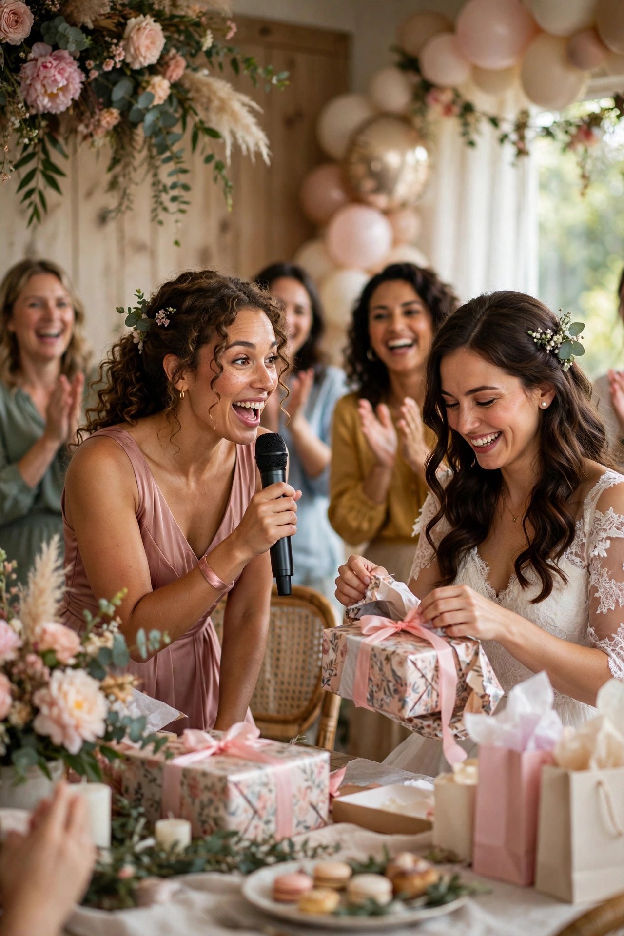 Cheerful host with a microphone narrating bridal shower gift opening