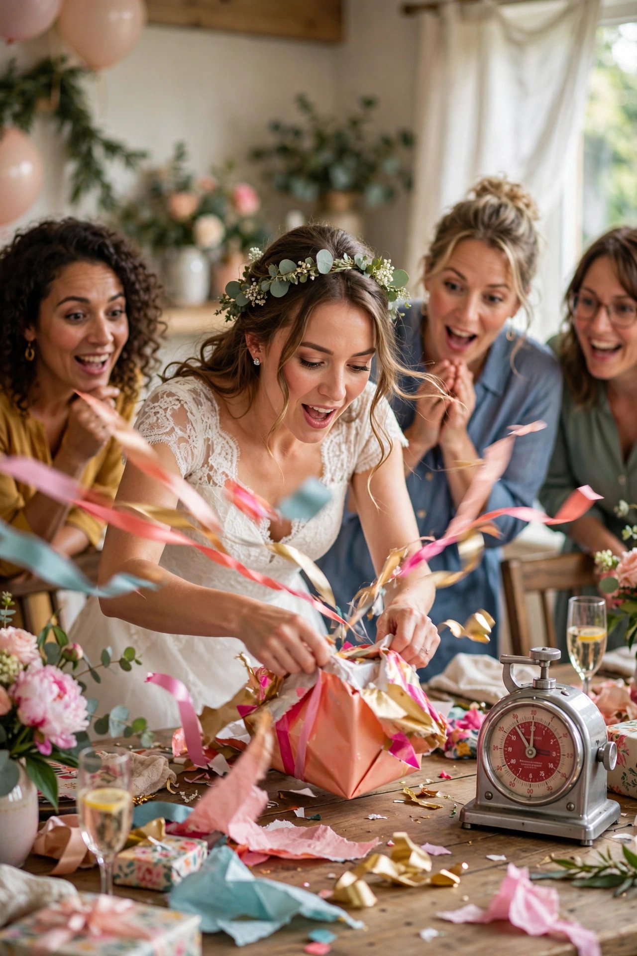 Bride rapidly opening gifts with a kitchen timer during a bridal shower speed round