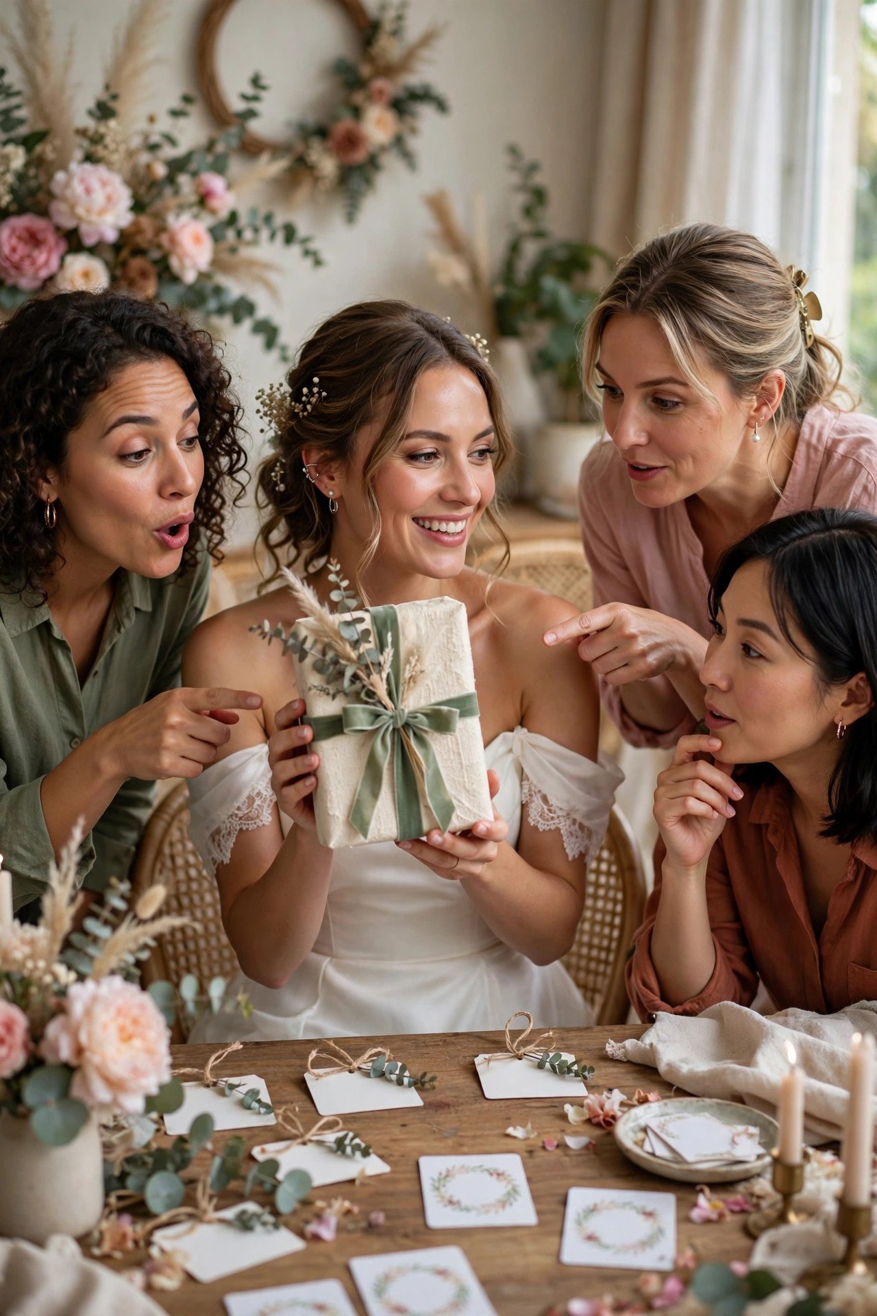Guests holding up guess cards to predict who gave each bridal shower gift