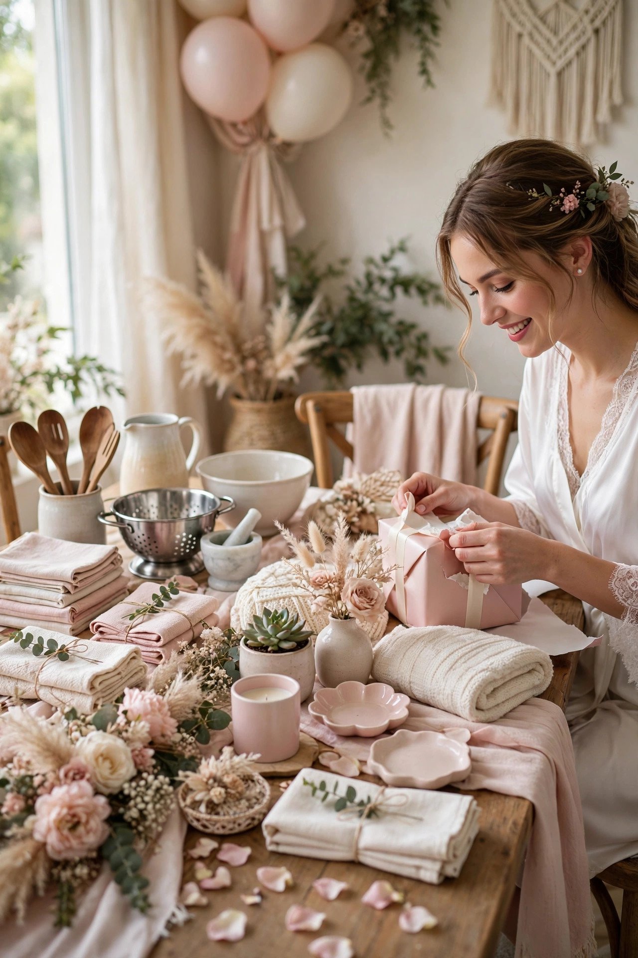 Bridal shower gifts sorted into themed piles by category on a decorated table