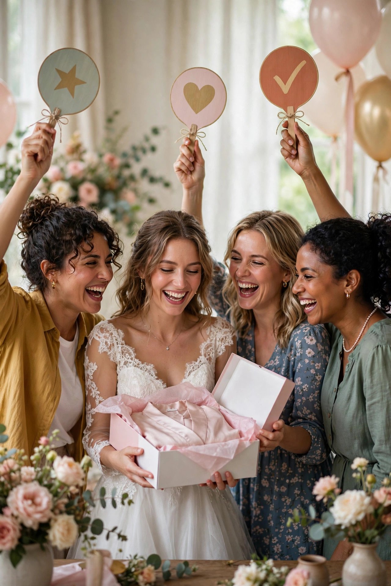 Bridal shower guests holding up voting paddles to award the best gift