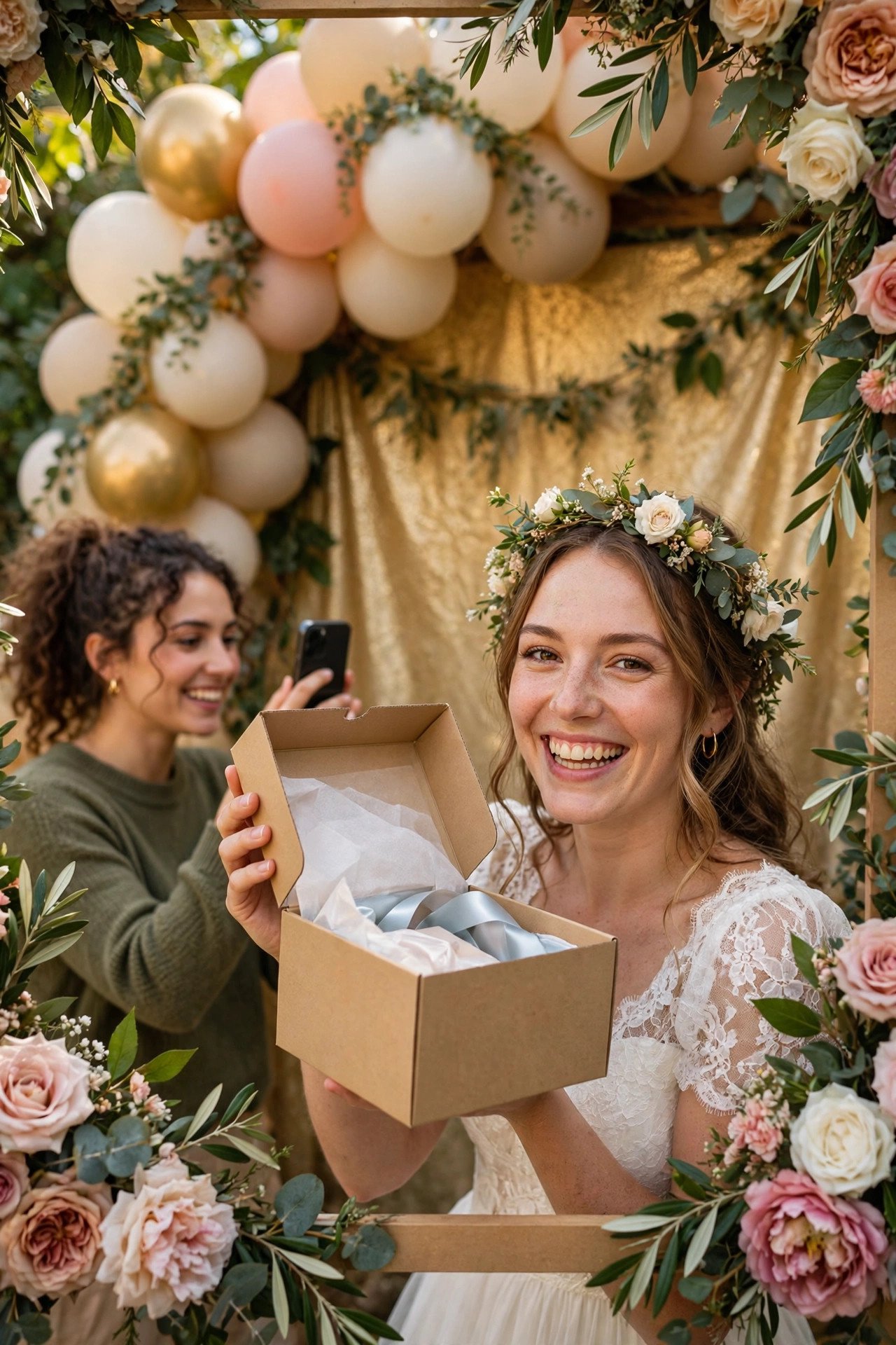Bride posing with a newly opened gift at a bridal shower photo booth backdrop