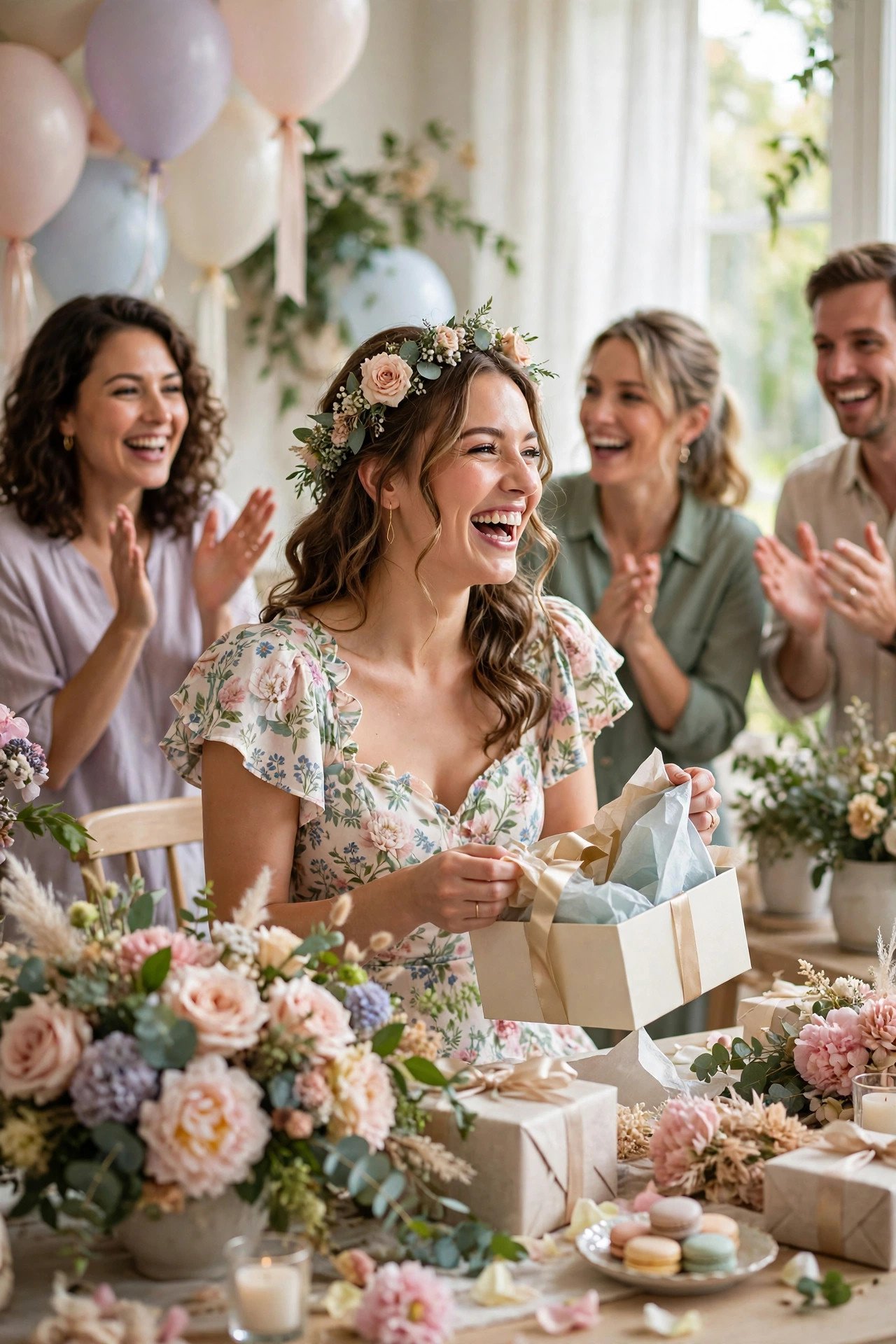 Excited bride opening a beautifully wrapped bridal shower gift while guests cheer around her