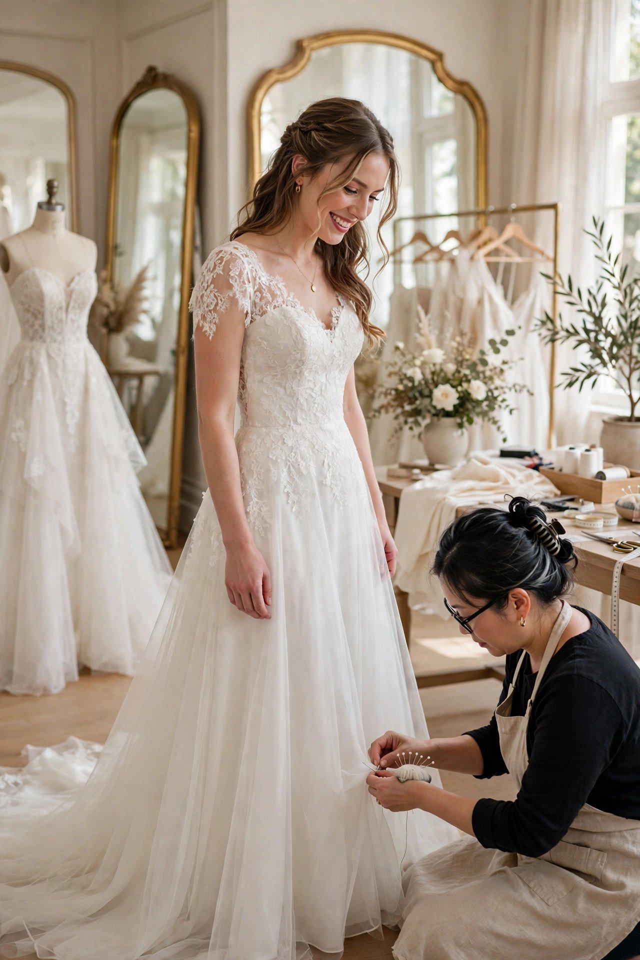 Bride at her final wedding dress fitting with a seamstress adjusting the hem
