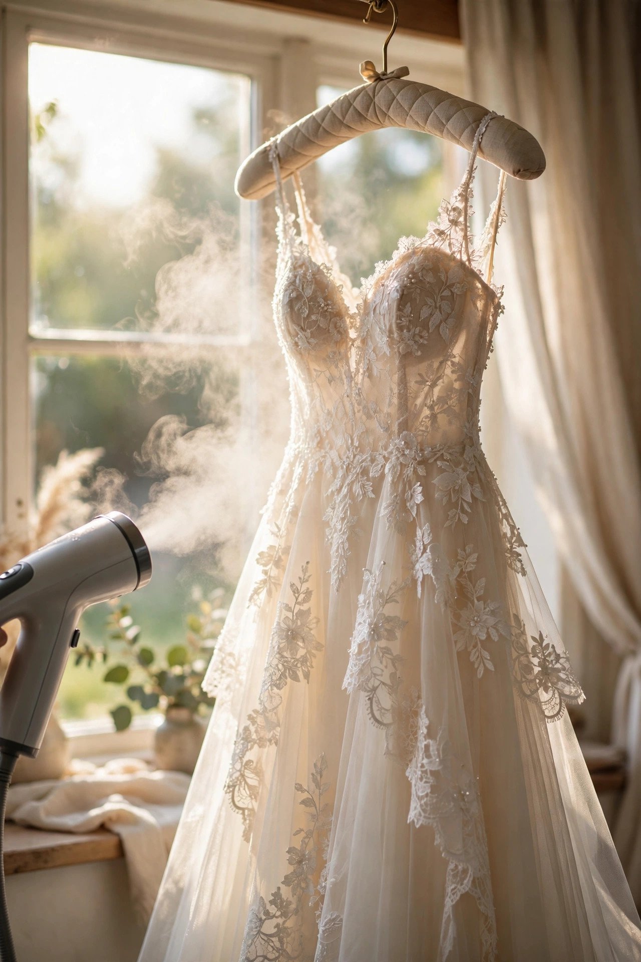 Wedding dress being steamed on a padded hanger, wrinkles smoothing from the fabric