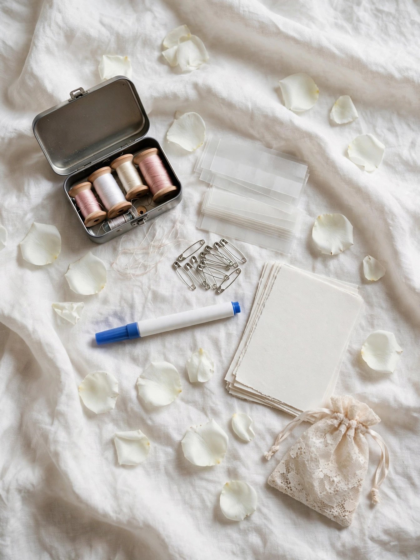 Flat lay of a wedding dress emergency kit with sewing kit, fashion tape, safety pins and stain remover