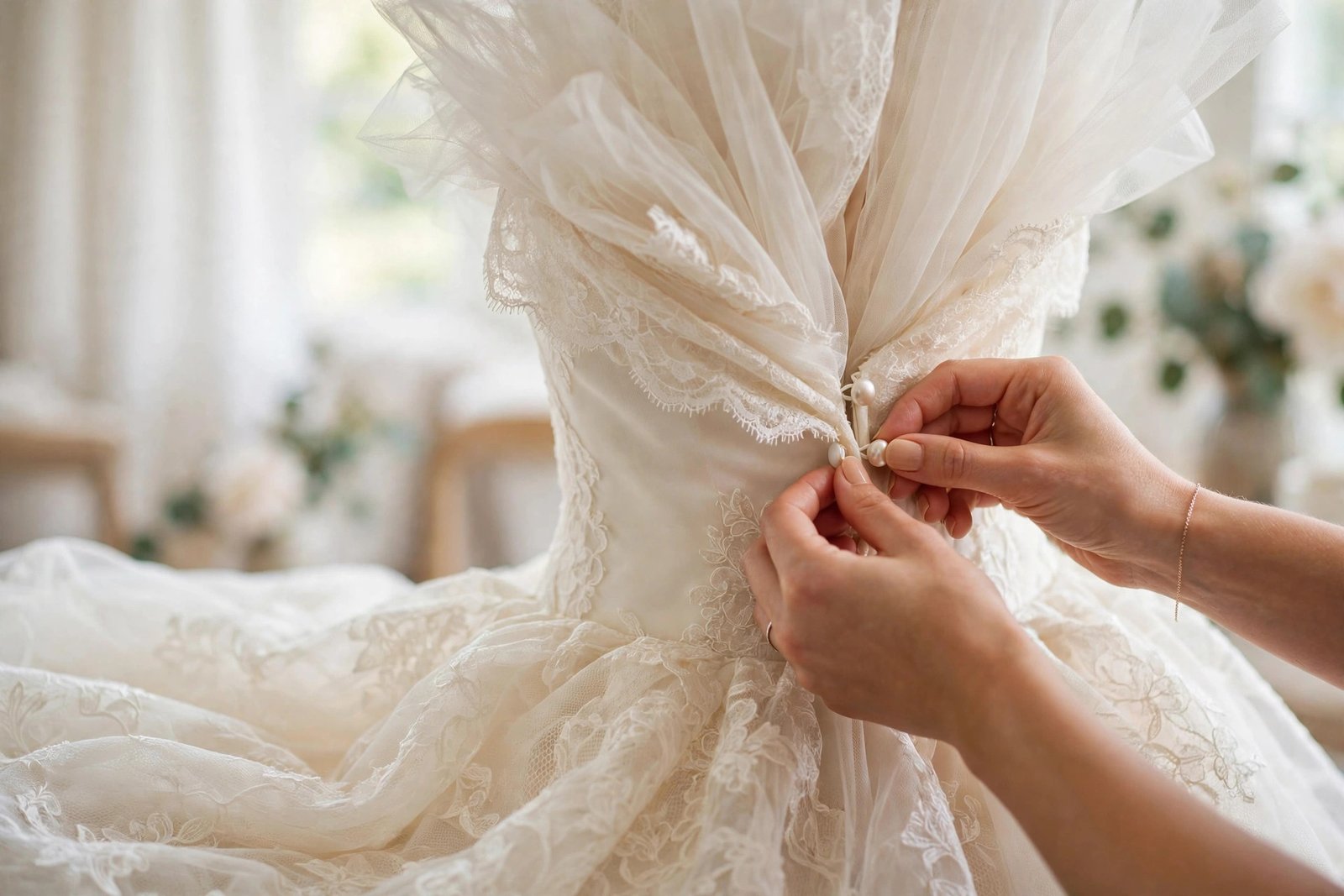 Seamstress demonstrating how to fasten the bustle on the back of a wedding dress