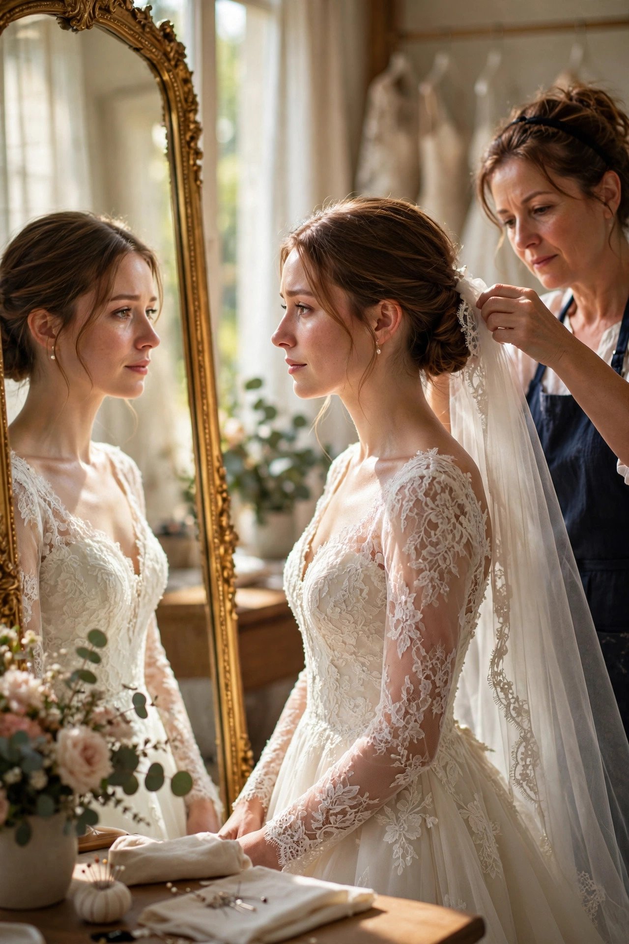 Elegant wedding dress hanging on a padded hanger in soft morning light before the bride puts it on