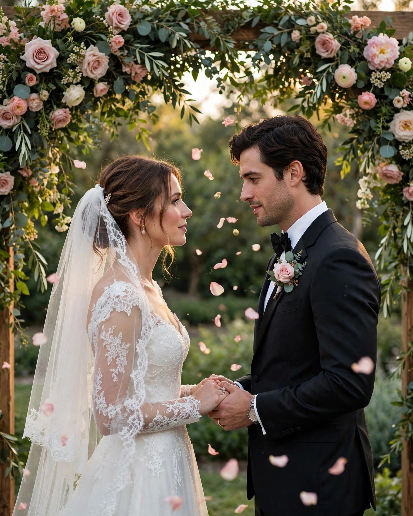 Couple exchanging classic romantic wedding vows under a floral arch