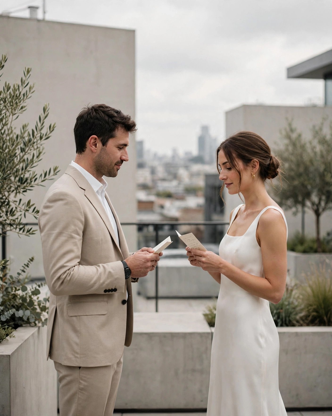 Modern couple reading short minimalist wedding vows at a city ceremony