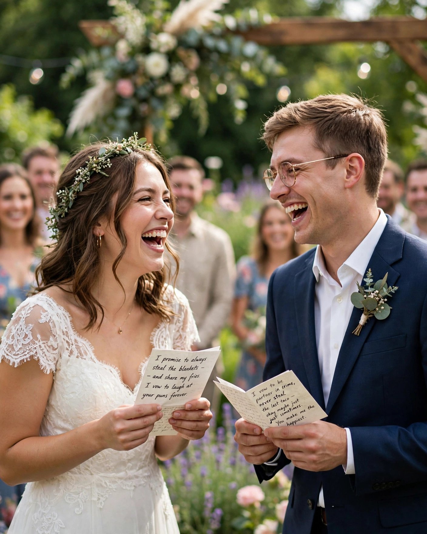 Laughing couple exchanging funny lighthearted wedding vows outdoors