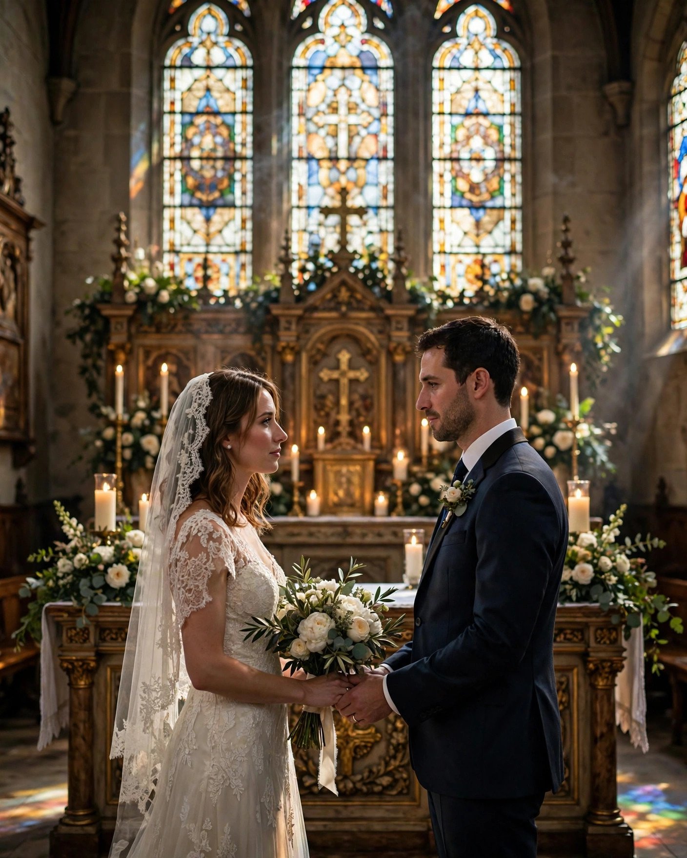 Couple exchanging religious wedding vows in a beautiful church ceremony
