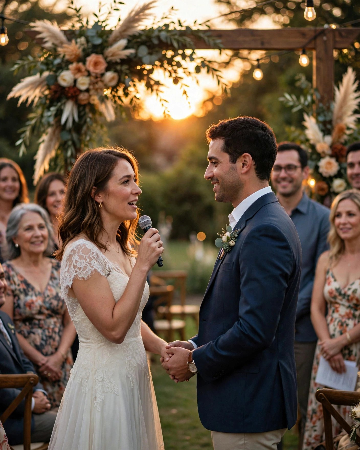 Couple telling their how-we-met story during wedding vows at sunset