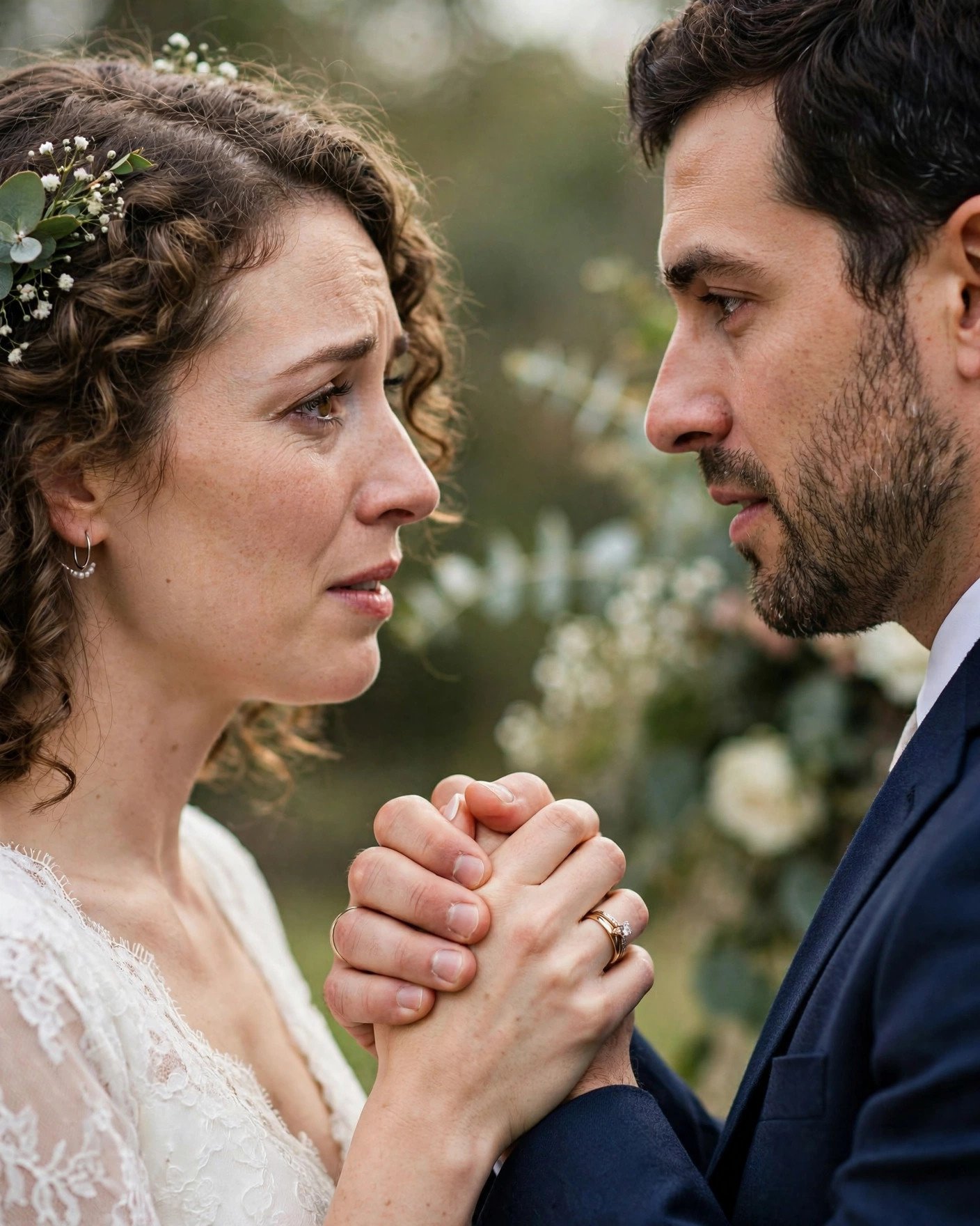 Couple making sincere promise-focused wedding vows holding hands