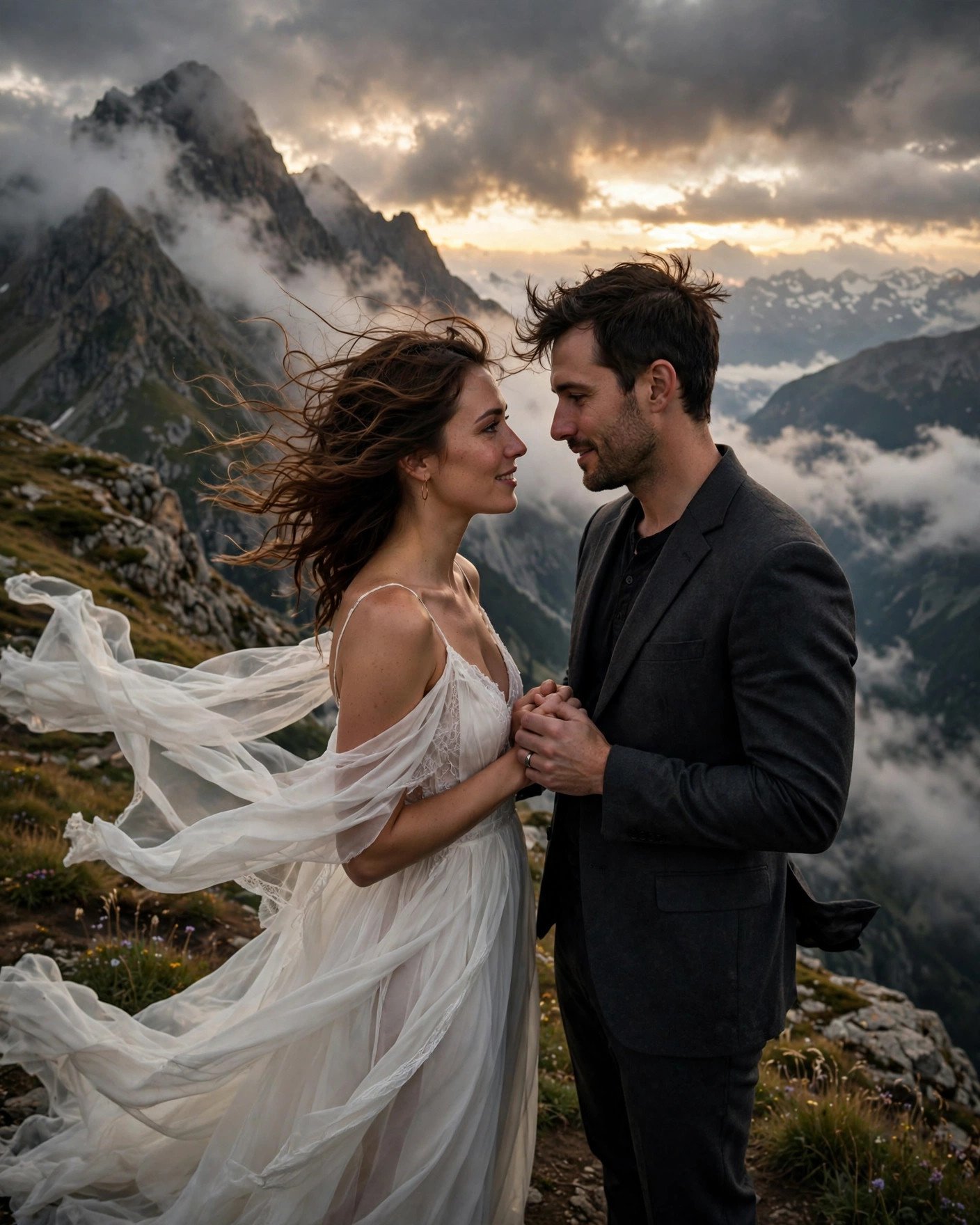 Eloping couple exchanging short sweet wedding vows in a mountain setting