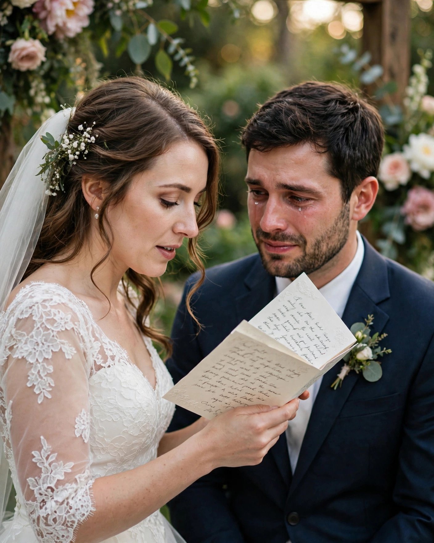 Bride reading handwritten love letter vows to groom at wedding