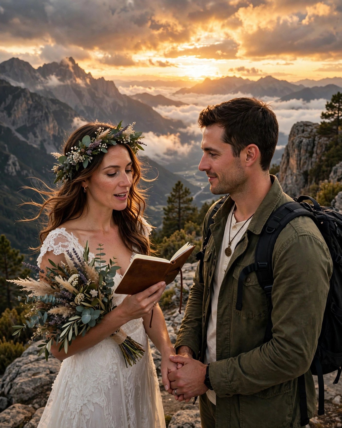 Adventurous couple exchanging travel-themed wedding vows at a scenic overlook