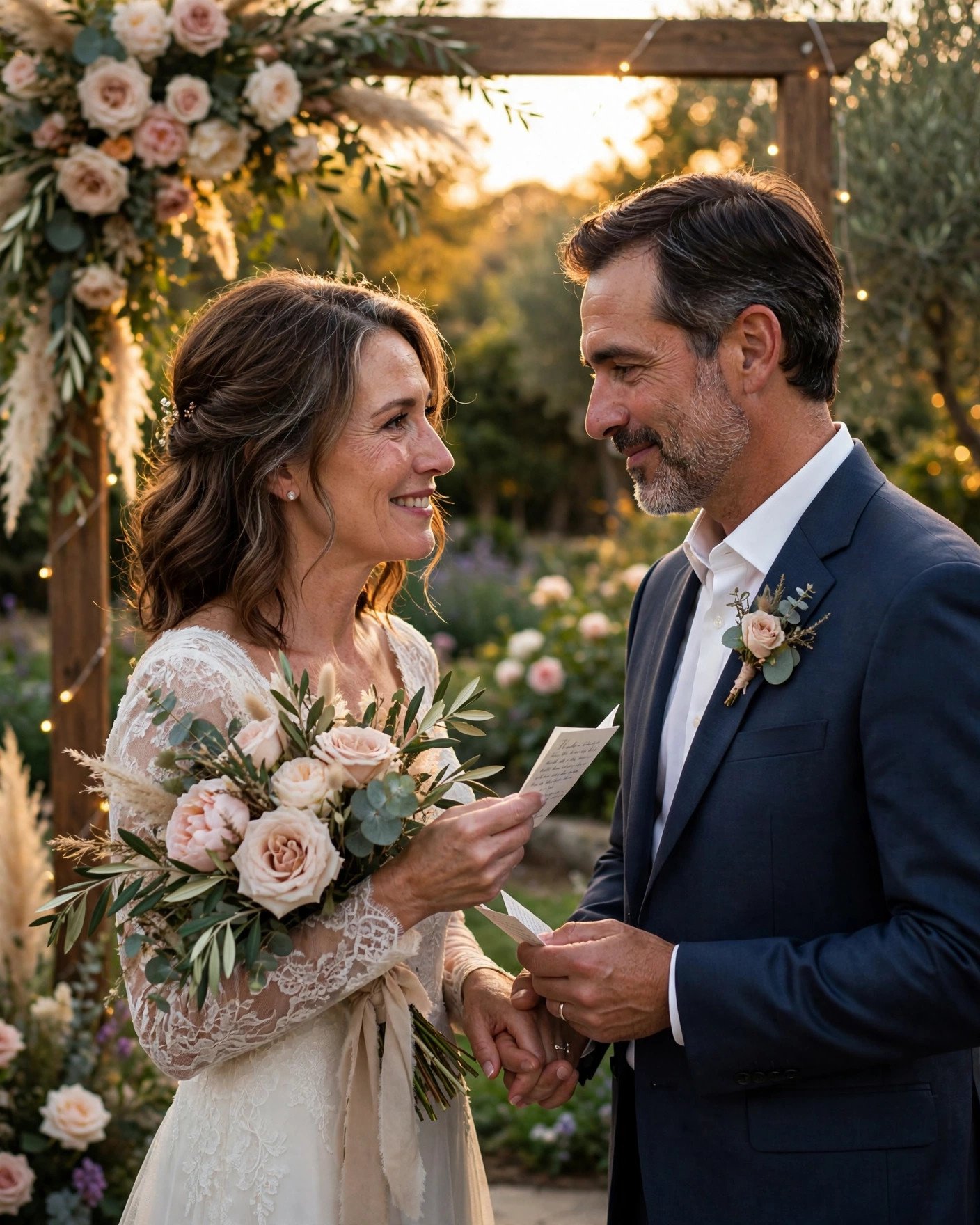 Mature couple exchanging heartfelt second marriage wedding vows