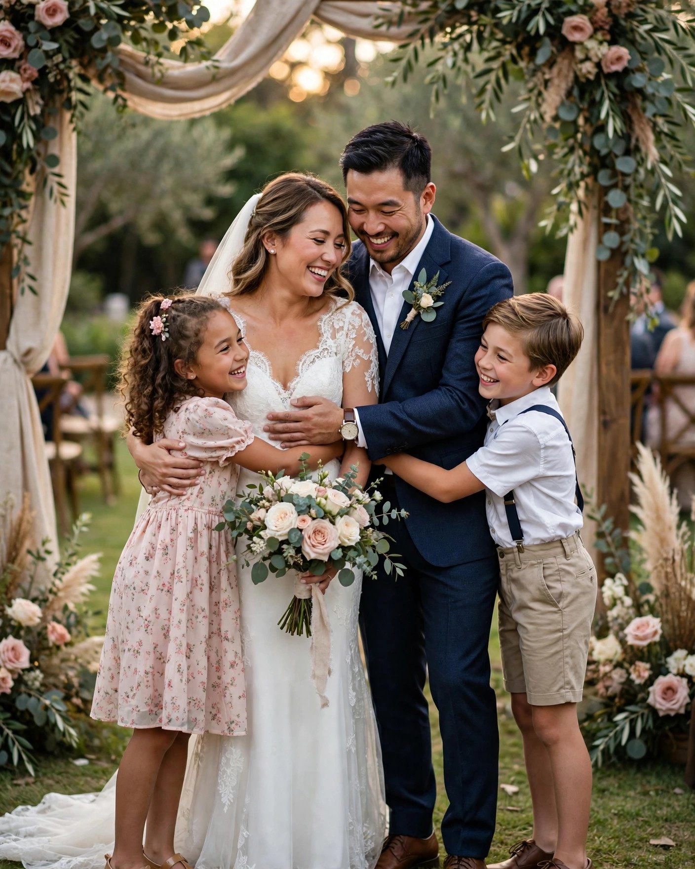 Blended family wedding ceremony with children joining the couple's vows