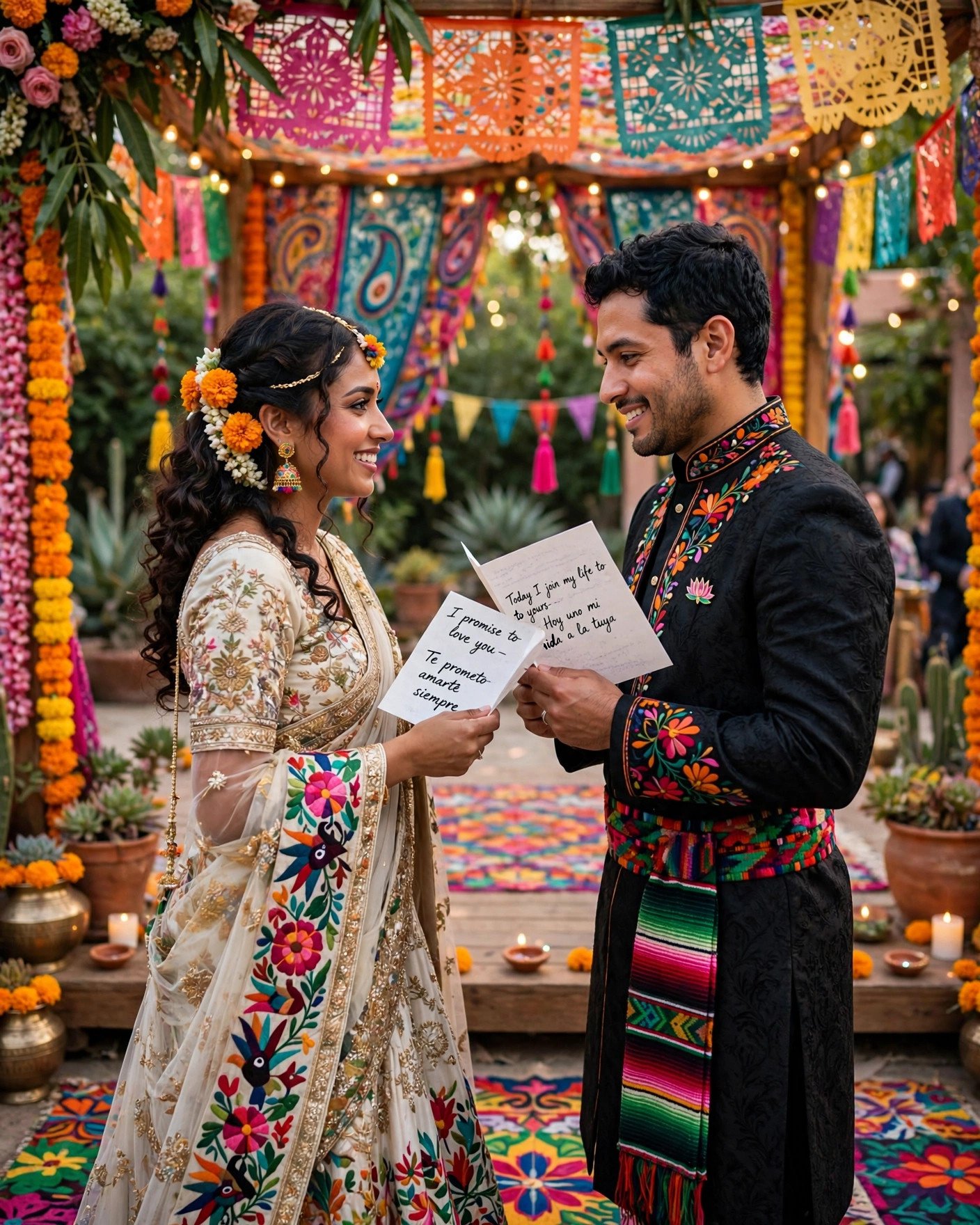 Multicultural couple exchanging bilingual wedding vows at a fusion ceremony