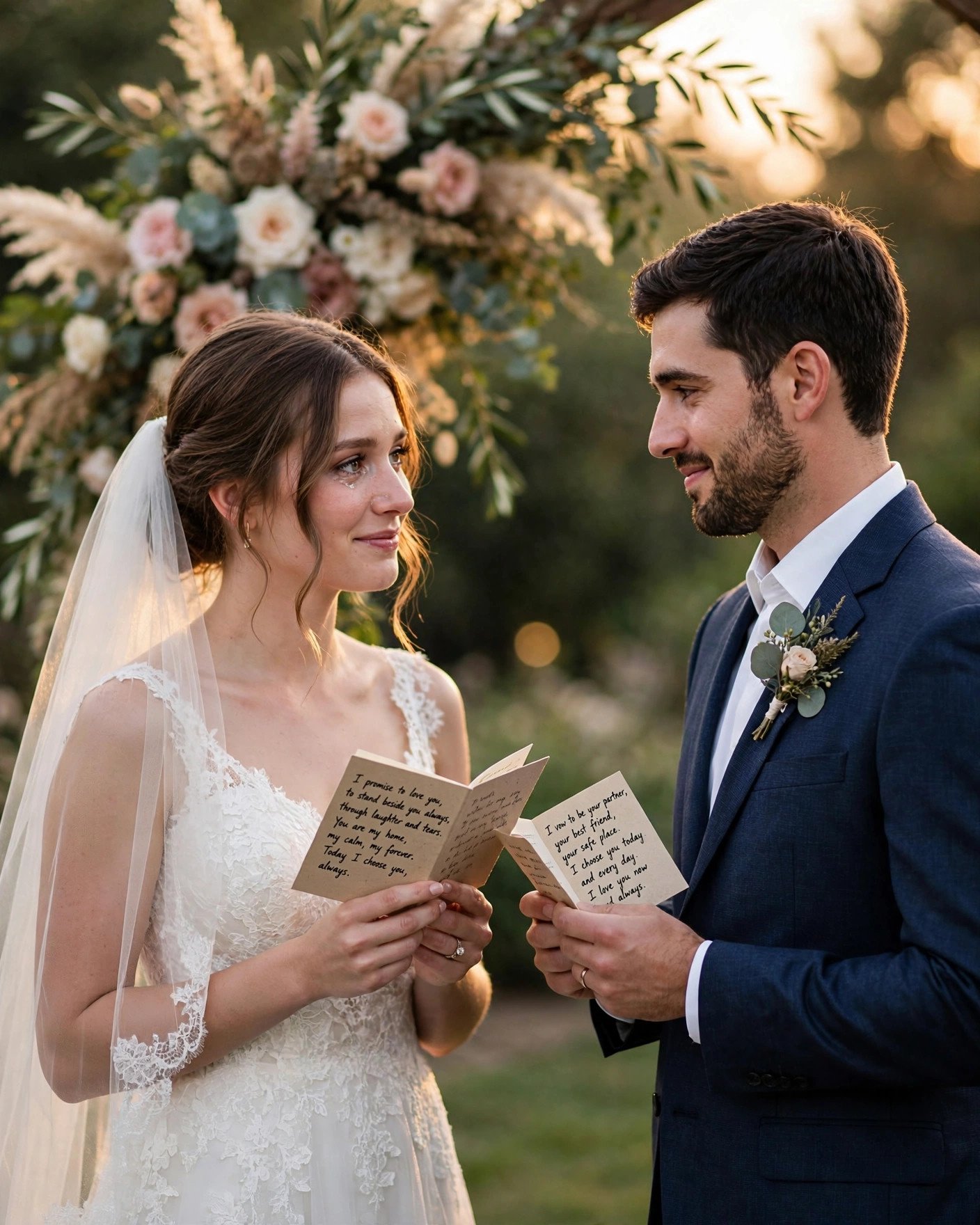 Bride and groom exchanging handwritten wedding vows at a romantic ceremony