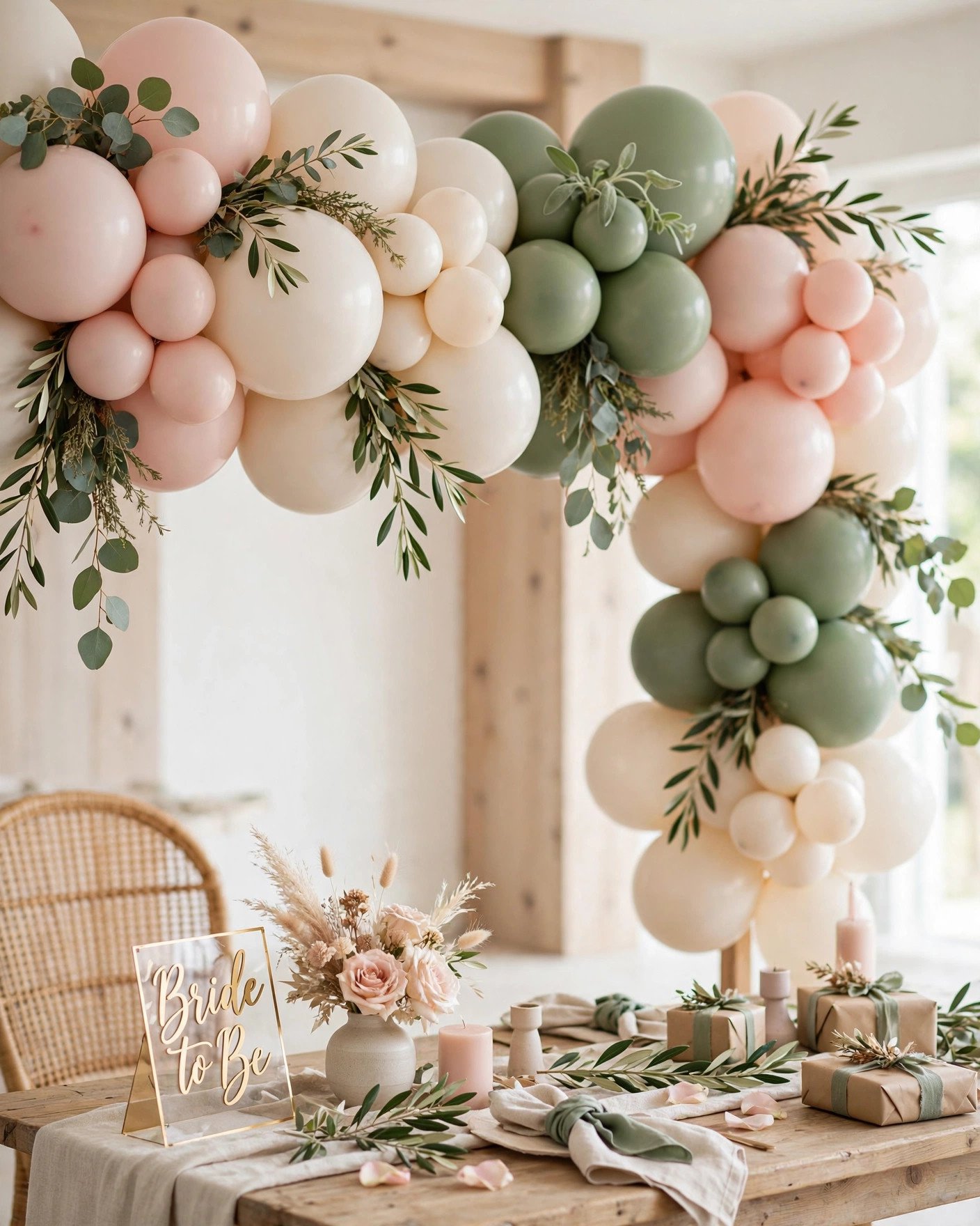 Organic balloon garland backdrop in blush and cream at a bridal shower