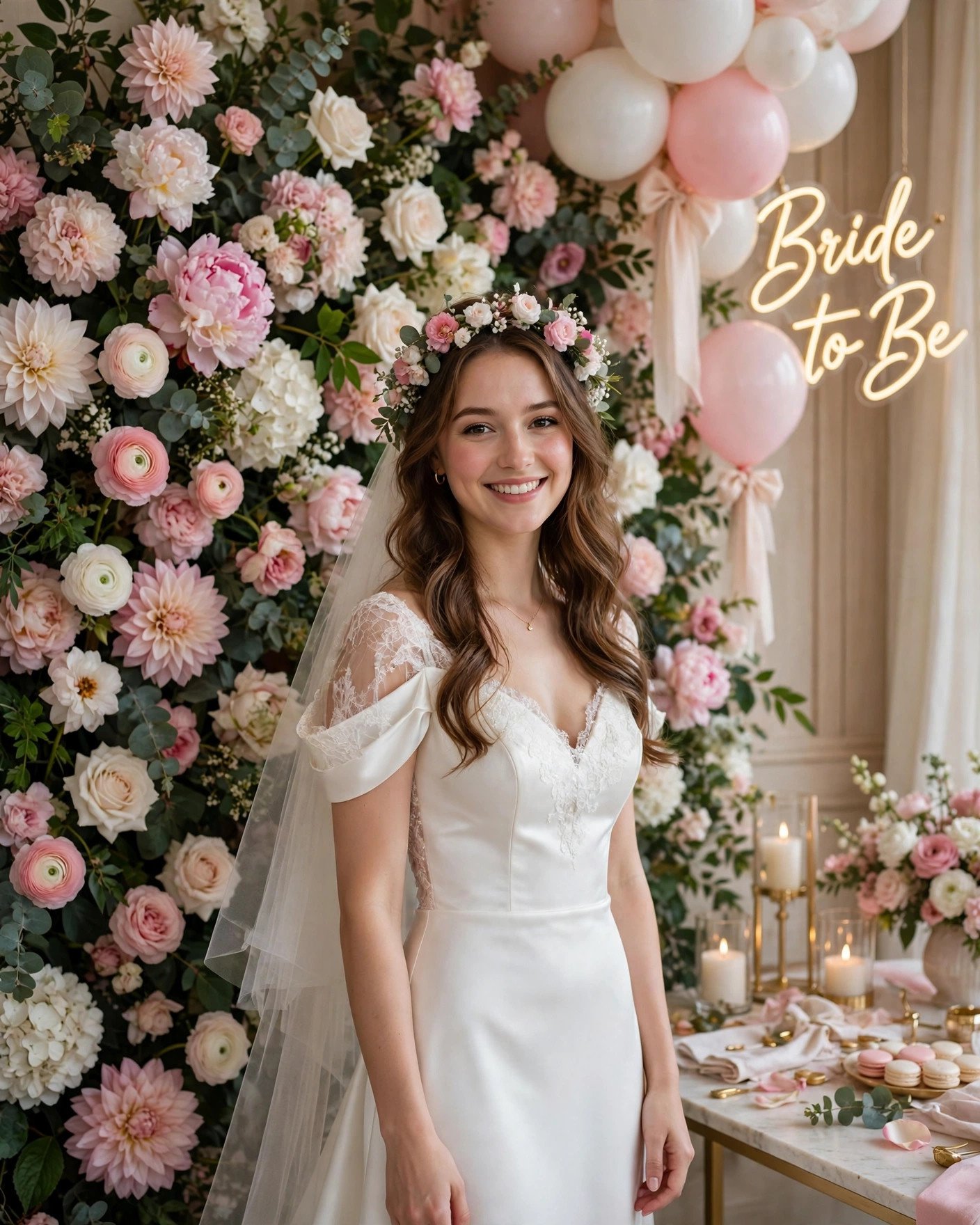 Lush flower wall photo backdrop at an elegant bridal shower