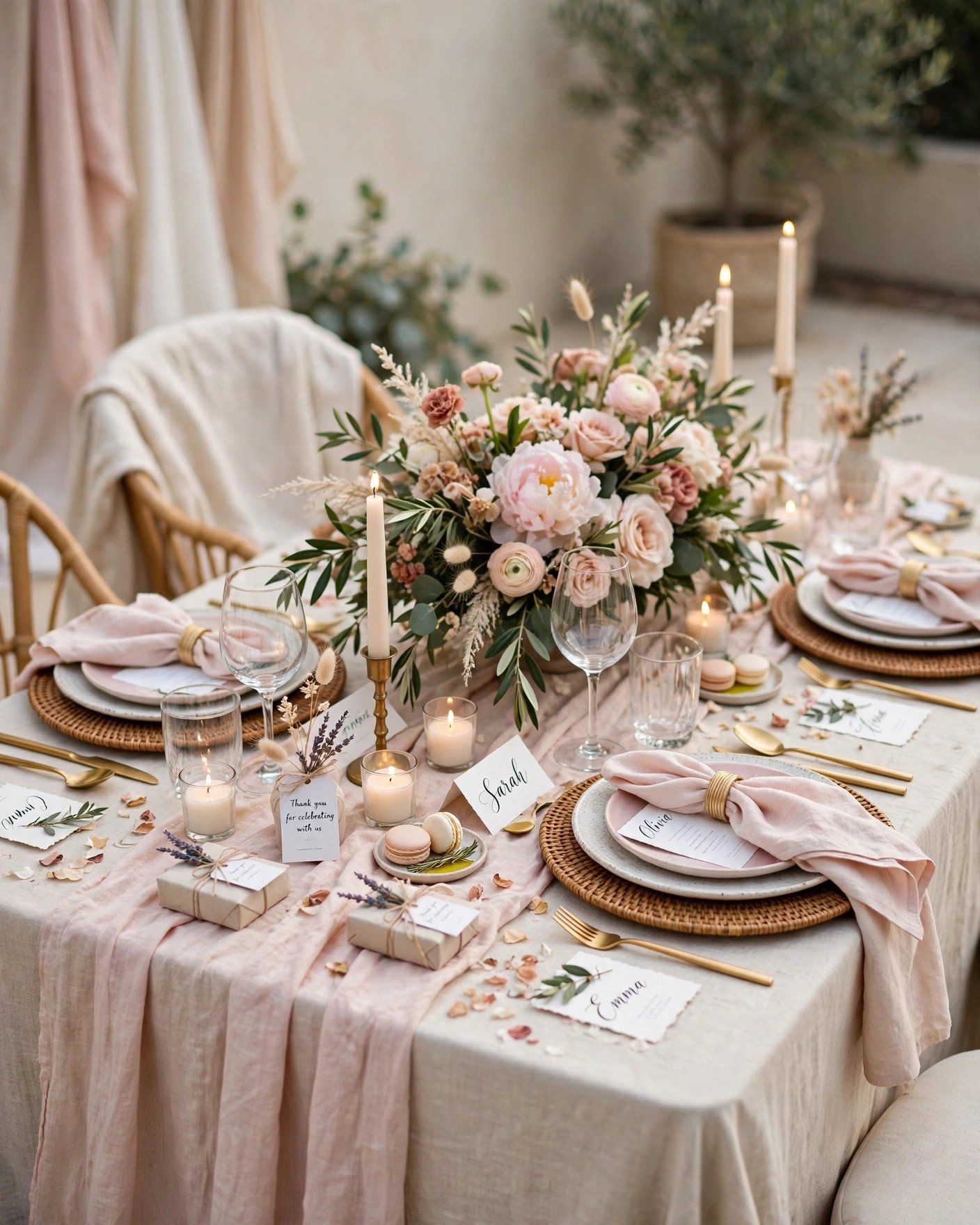 Beautifully styled themed bridal shower tablescape with layered details